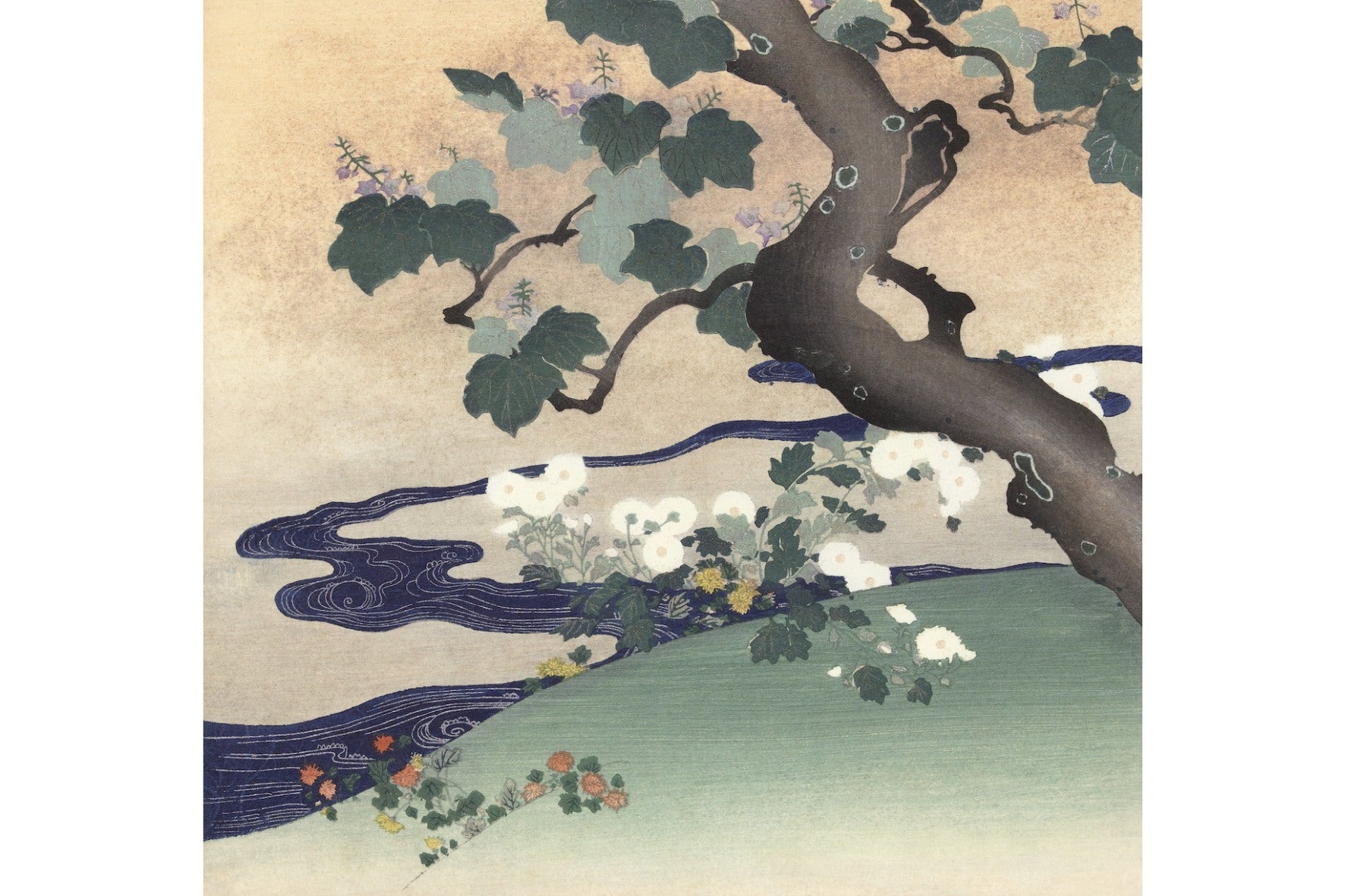 Tree and Chrysanthemums