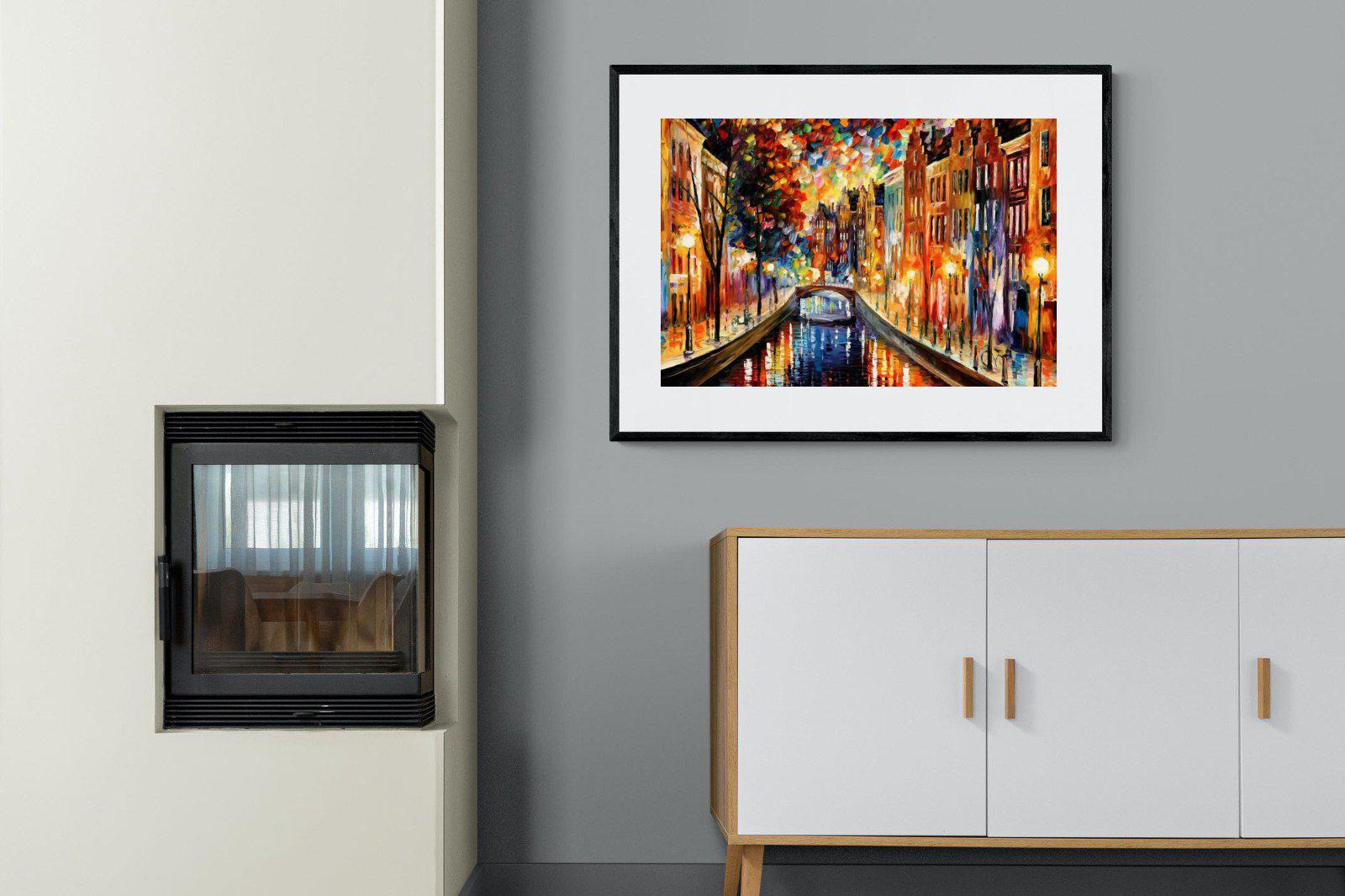 Amsterdam Night Canal-Wall_Art-100 x 75cm-Framed Print-Black-Pixalot