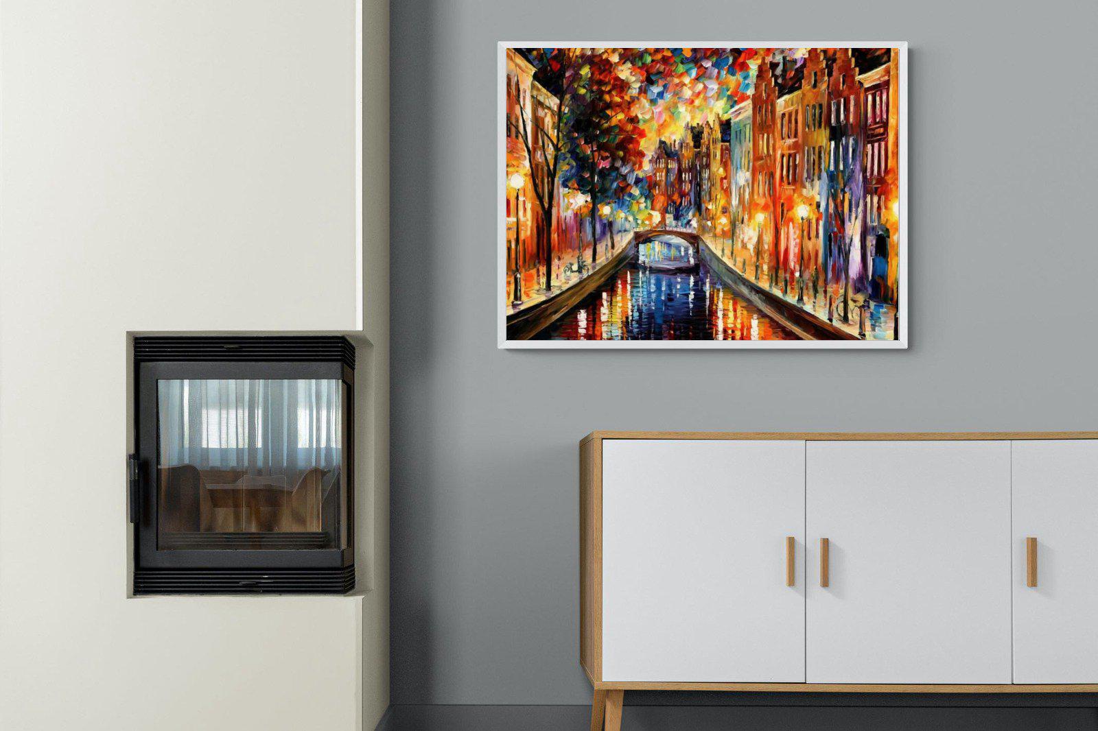 Amsterdam Night Canal-Wall_Art-100 x 75cm-Mounted Canvas-White-Pixalot