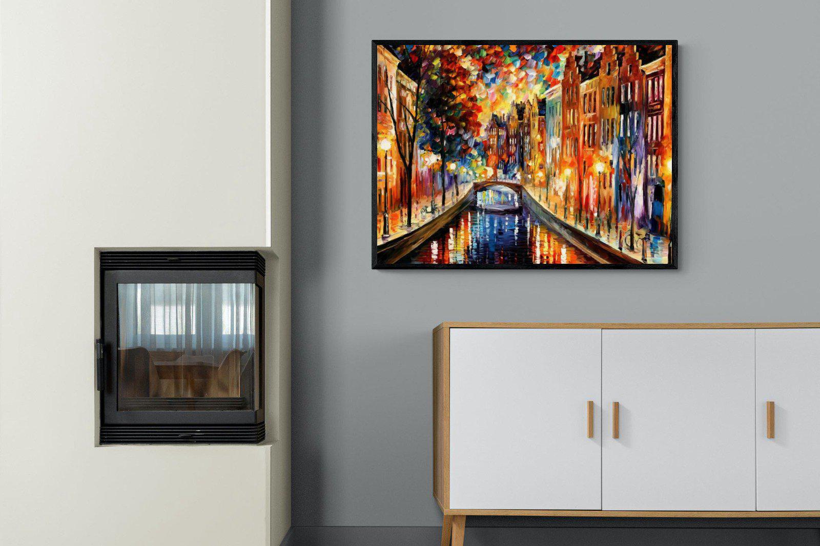 Amsterdam Night Canal-Wall_Art-100 x 75cm-Mounted Canvas-Black-Pixalot