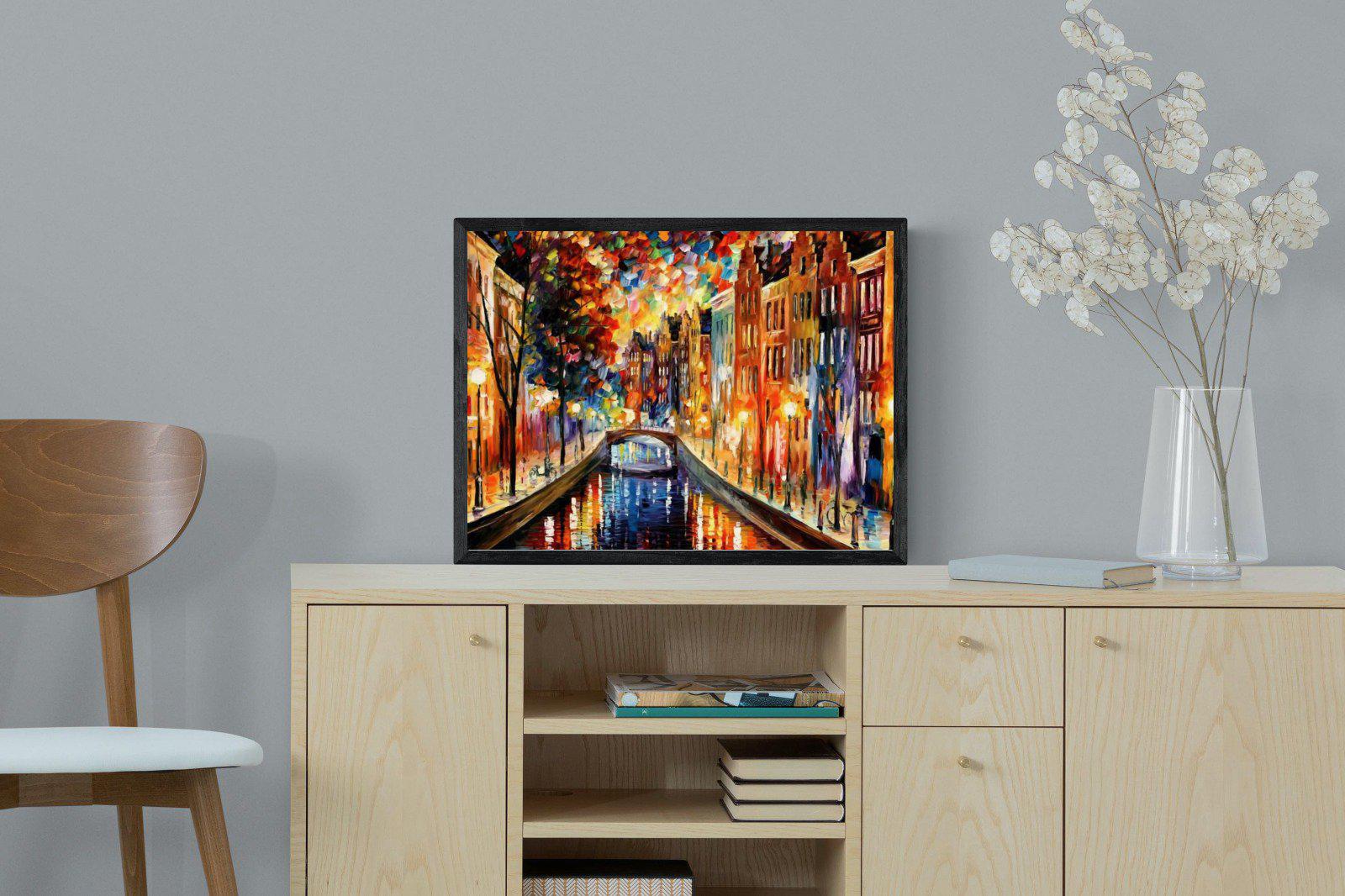 Amsterdam Night Canal-Wall_Art-60 x 45cm-Mounted Canvas-Black-Pixalot