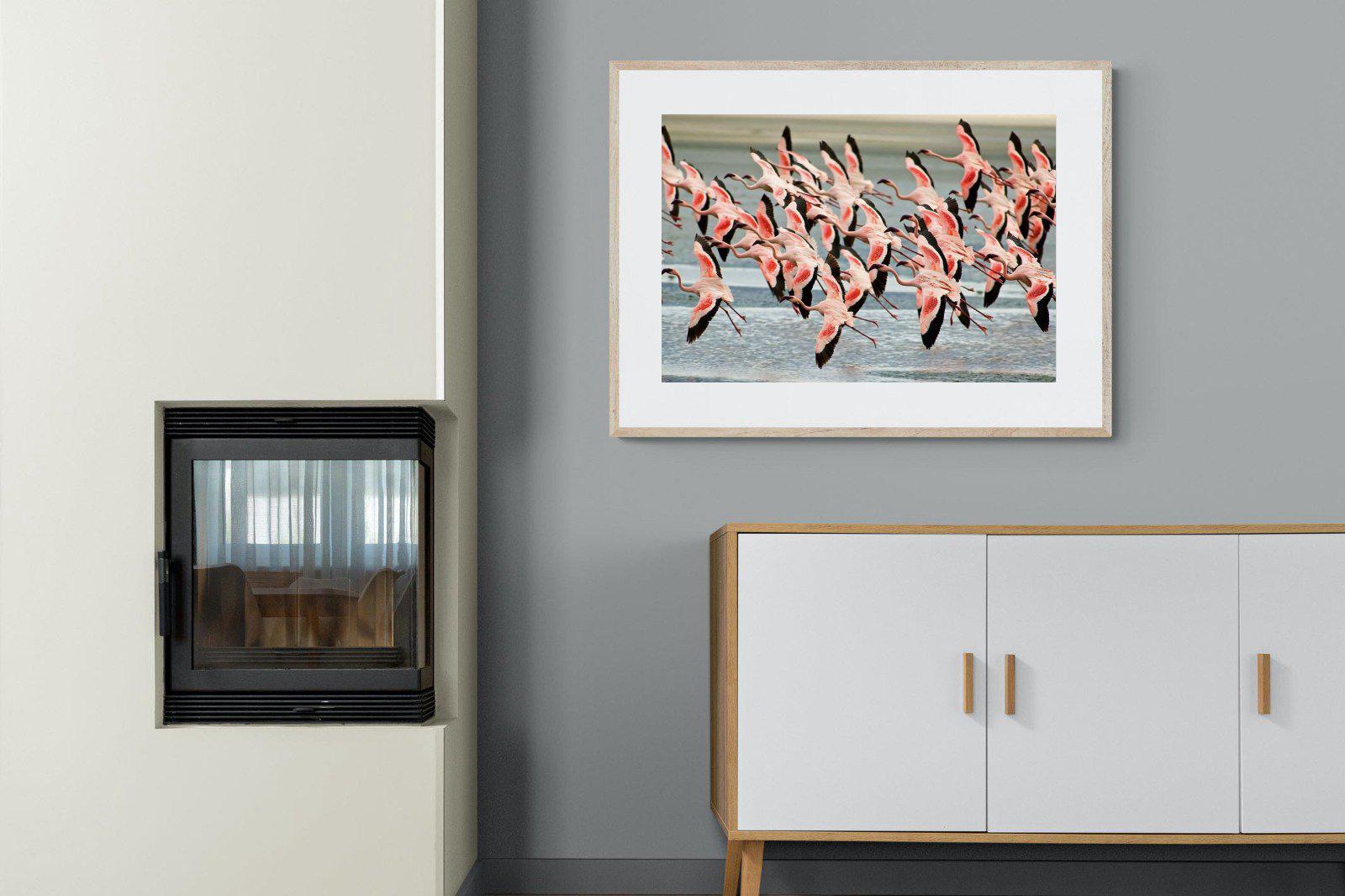 Flamingo Flight-Wall_Art-100 x 75cm-Framed Print-Wood-Pixalot