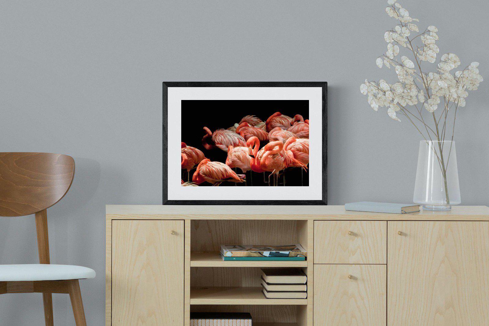 Flamingo Flock-Wall_Art-60 x 45cm-Framed Print-Black-Pixalot