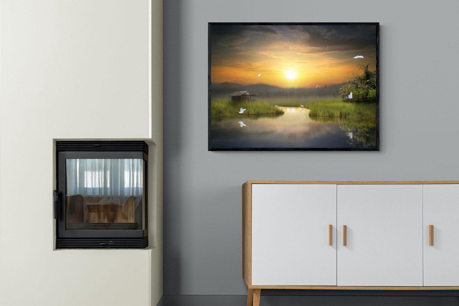 Heron Shed-Wall_Art-100 x 75cm-Mounted Canvas-Black-Pixalot