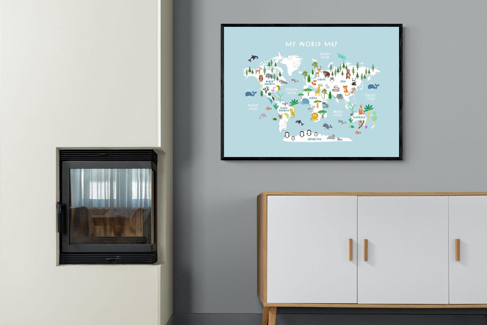 Kids World Map (Blue)-Wall_Art-100 x 75cm-Mounted Canvas-Black-Pixalot