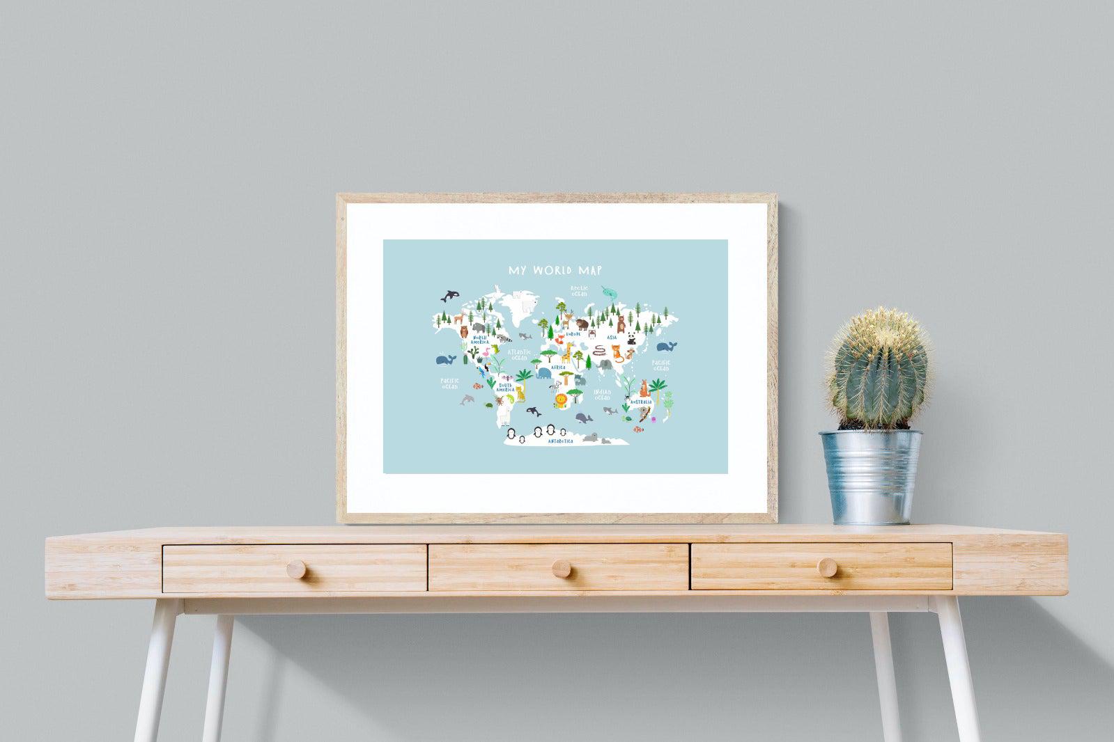 Kids World Map (Blue)-Wall_Art-80 x 60cm-Framed Print-Wood-Pixalot