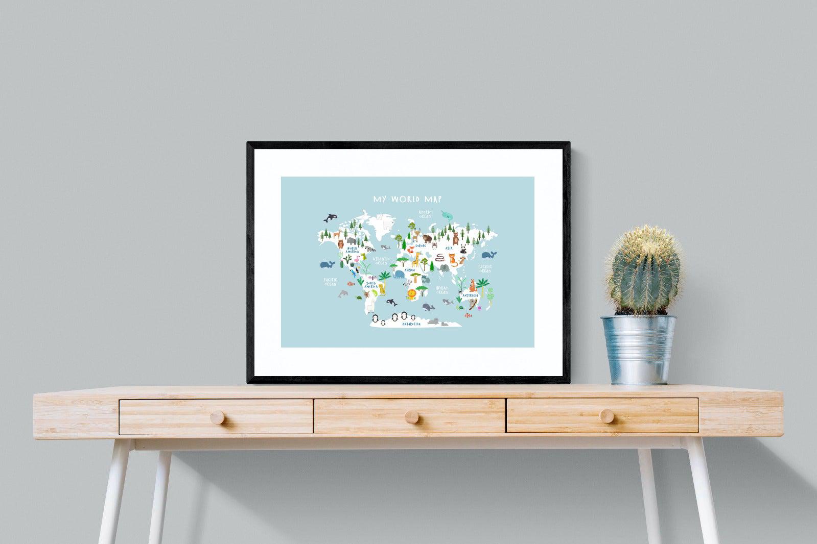 Kids World Map (Blue)-Wall_Art-80 x 60cm-Framed Print-Black-Pixalot
