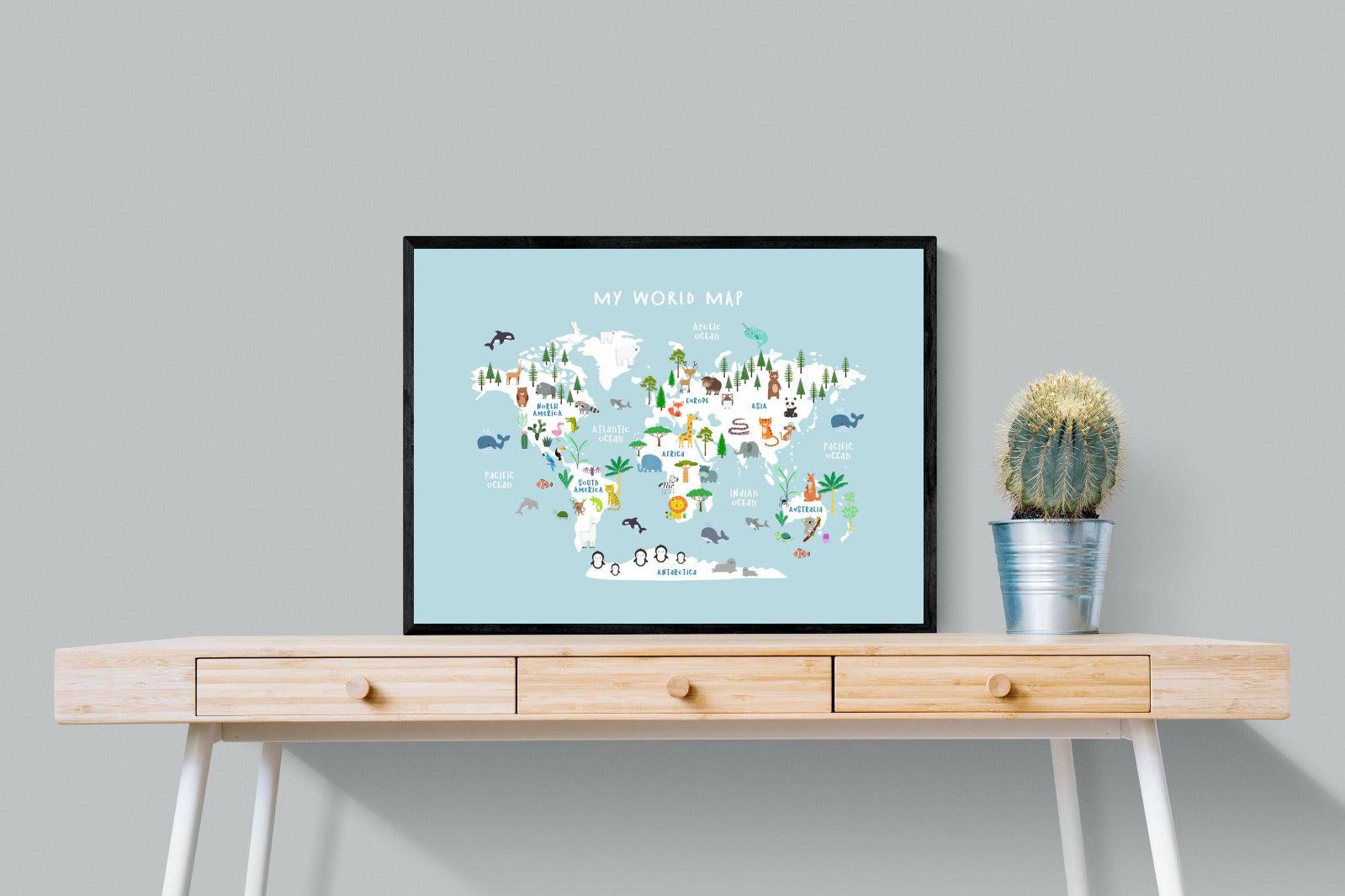 Kids World Map (Blue)-Wall_Art-80 x 60cm-Mounted Canvas-Black-Pixalot