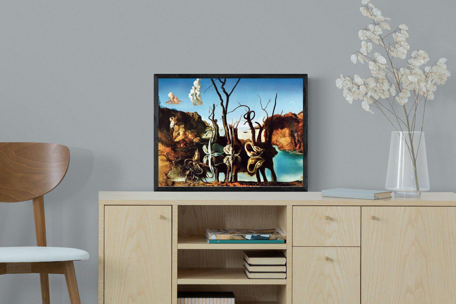 Swans Reflecting Elephants-Wall_Art-60 x 45cm-Mounted Canvas-Black-Pixalot