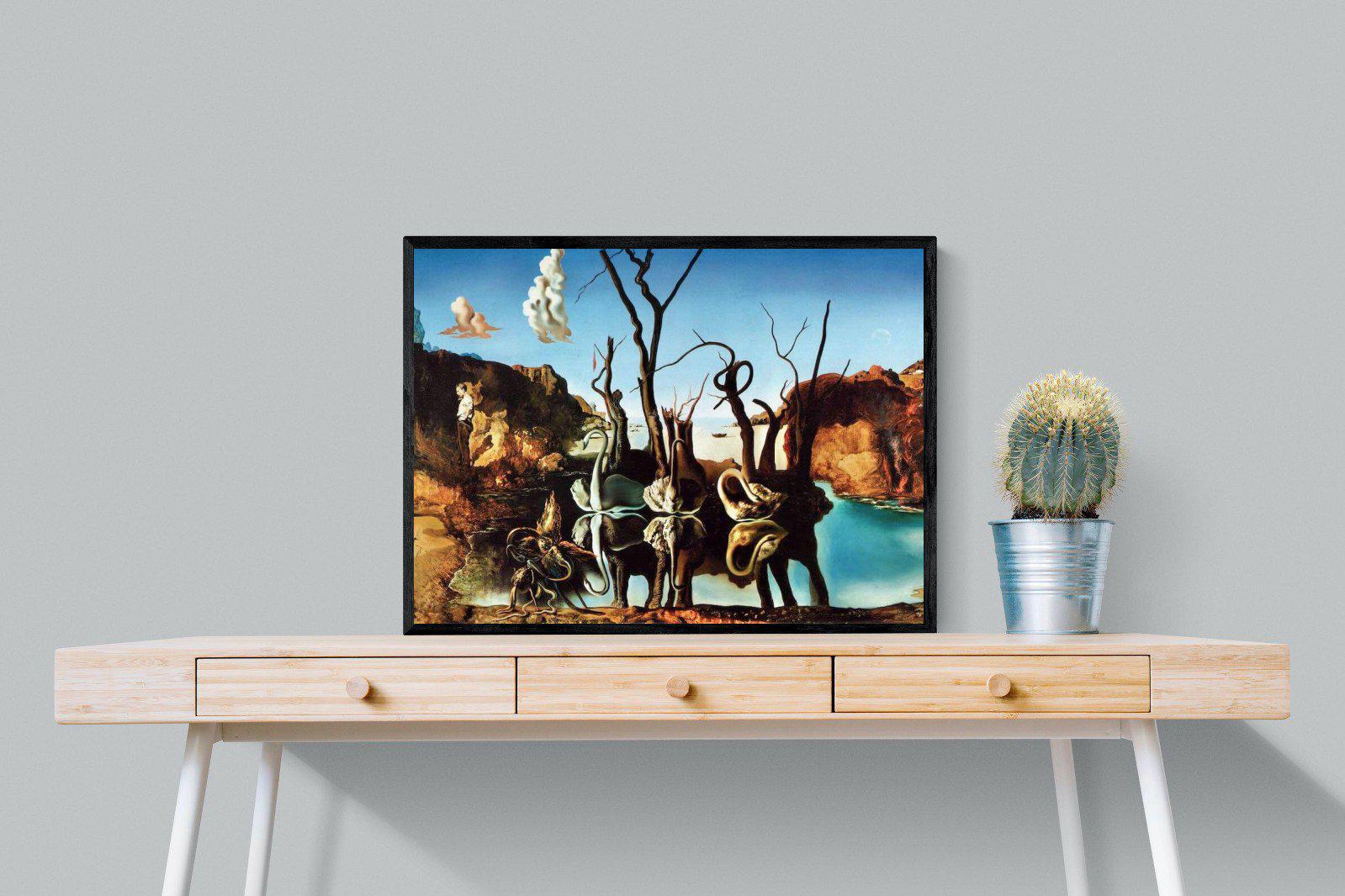 Swans Reflecting Elephants-Wall_Art-80 x 60cm-Mounted Canvas-Black-Pixalot