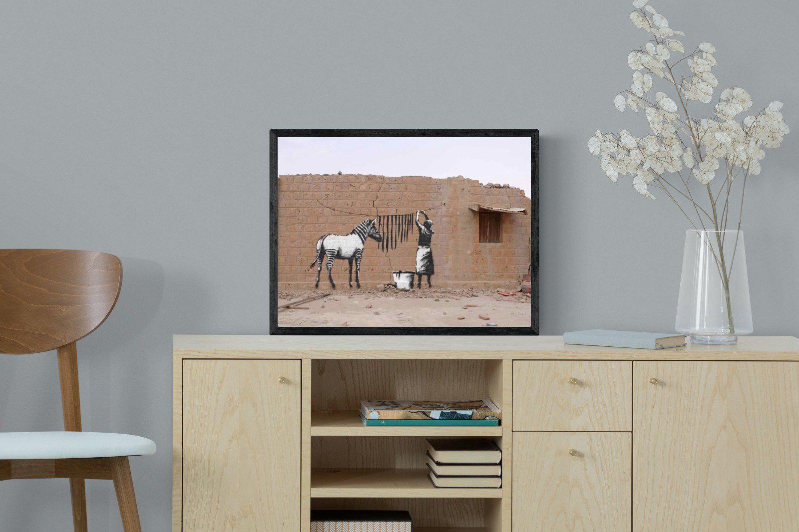 Zebra Washing Line-Wall_Art-60 x 45cm-Mounted Canvas-Black-Pixalot