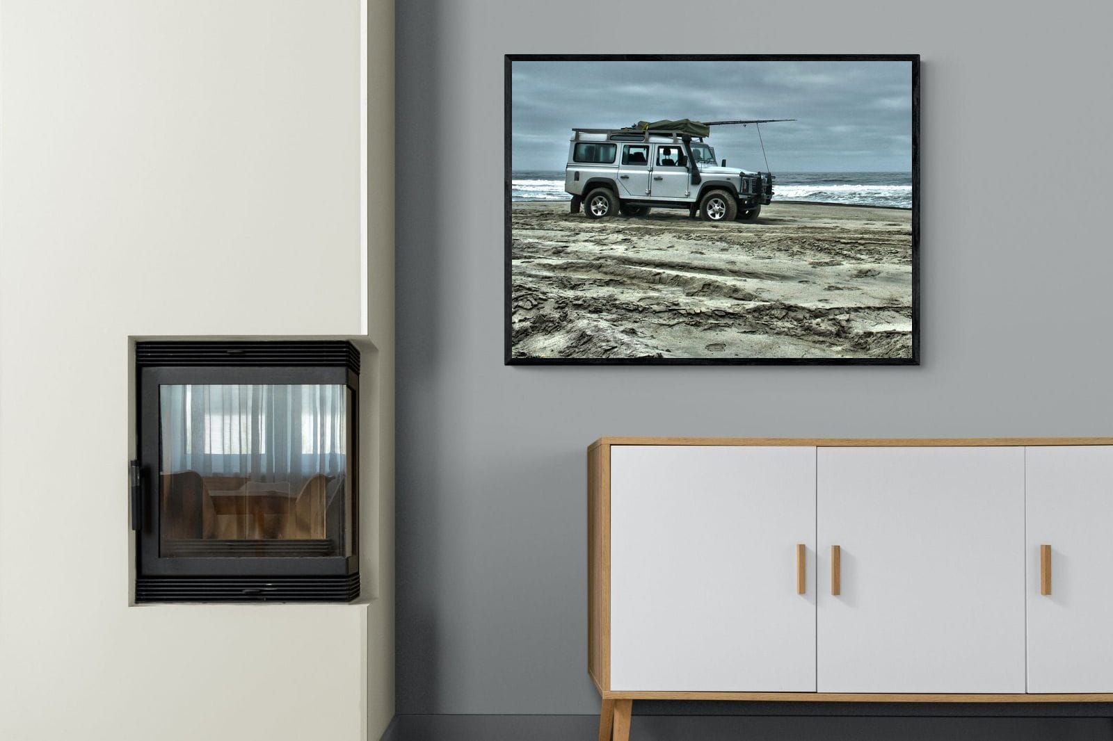 Defender at the Beach-Wall_Art-100 x 75cm-Mounted Canvas-Black-Pixalot