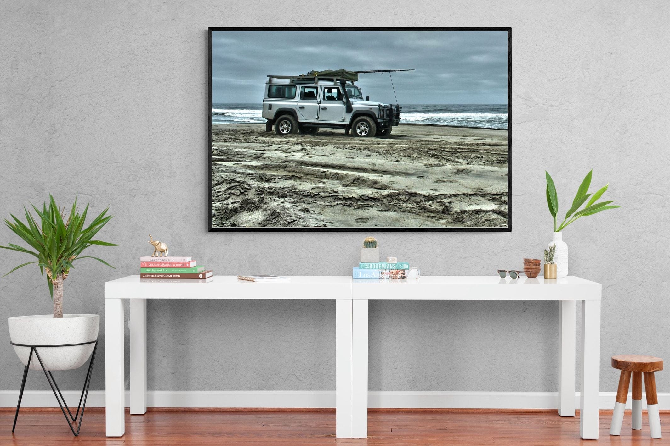 Defender at the Beach-Wall_Art-150 x 100cm-Mounted Canvas-Black-Pixalot