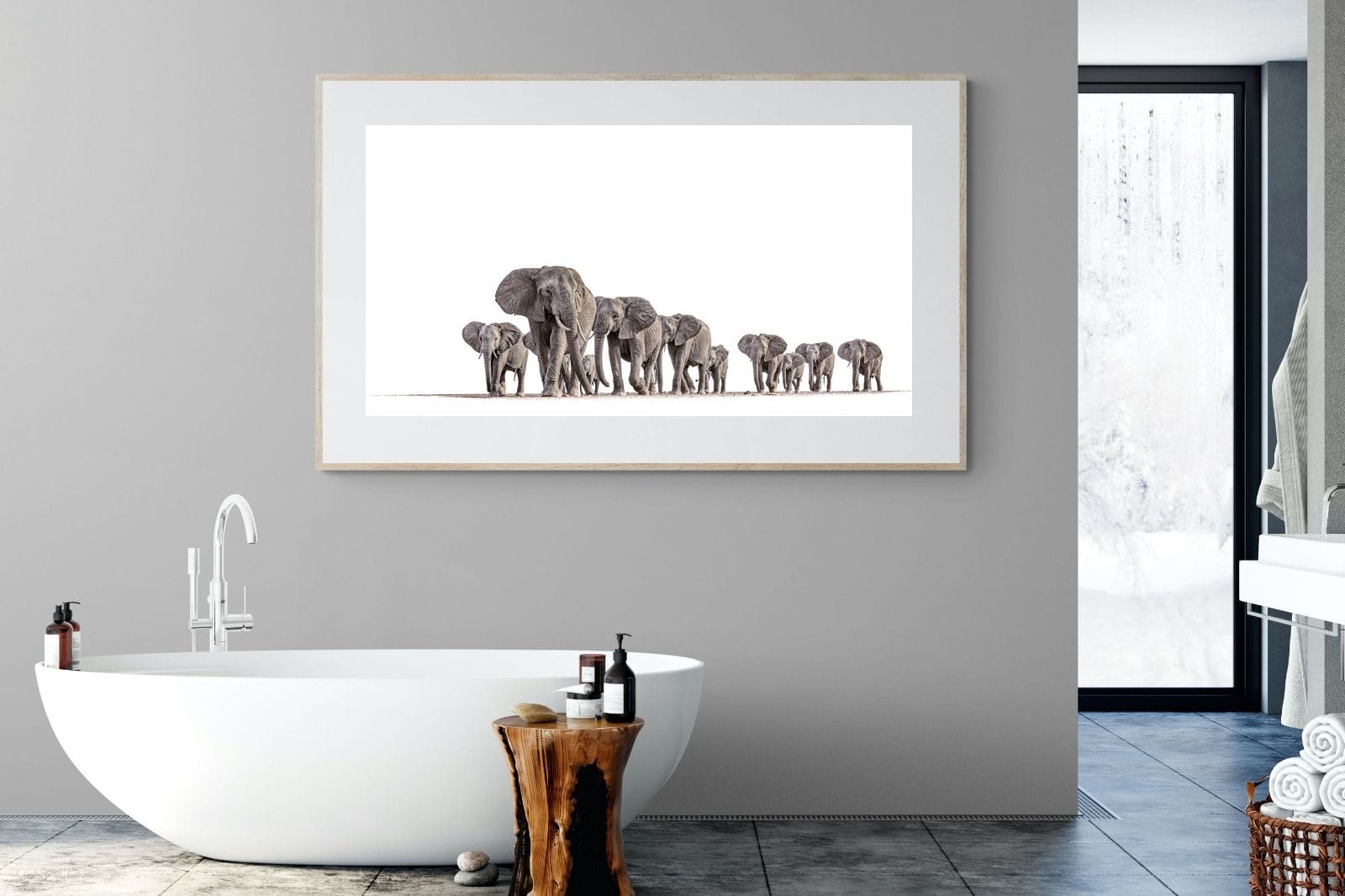 Elephant Convoy (high key)-Wall_Art-180 x 110cm-Framed Print-Wood-Pixalot