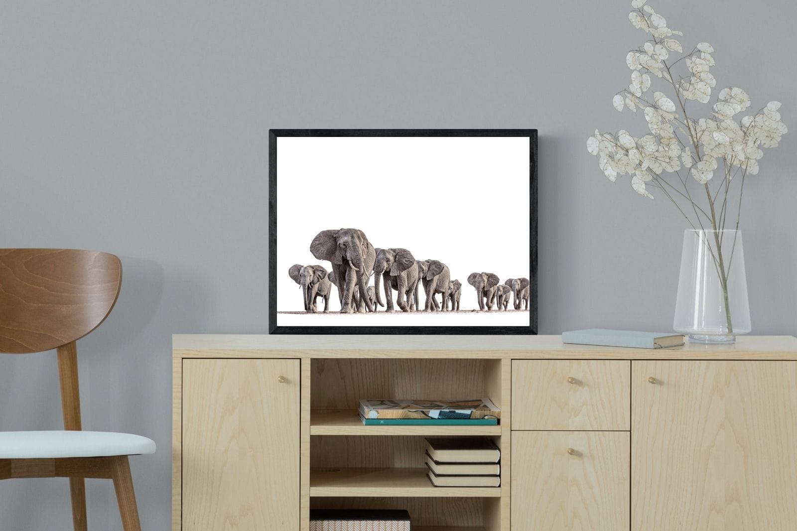 Elephant Convoy (high key)-Wall_Art-60 x 45cm-Mounted Canvas-Black-Pixalot