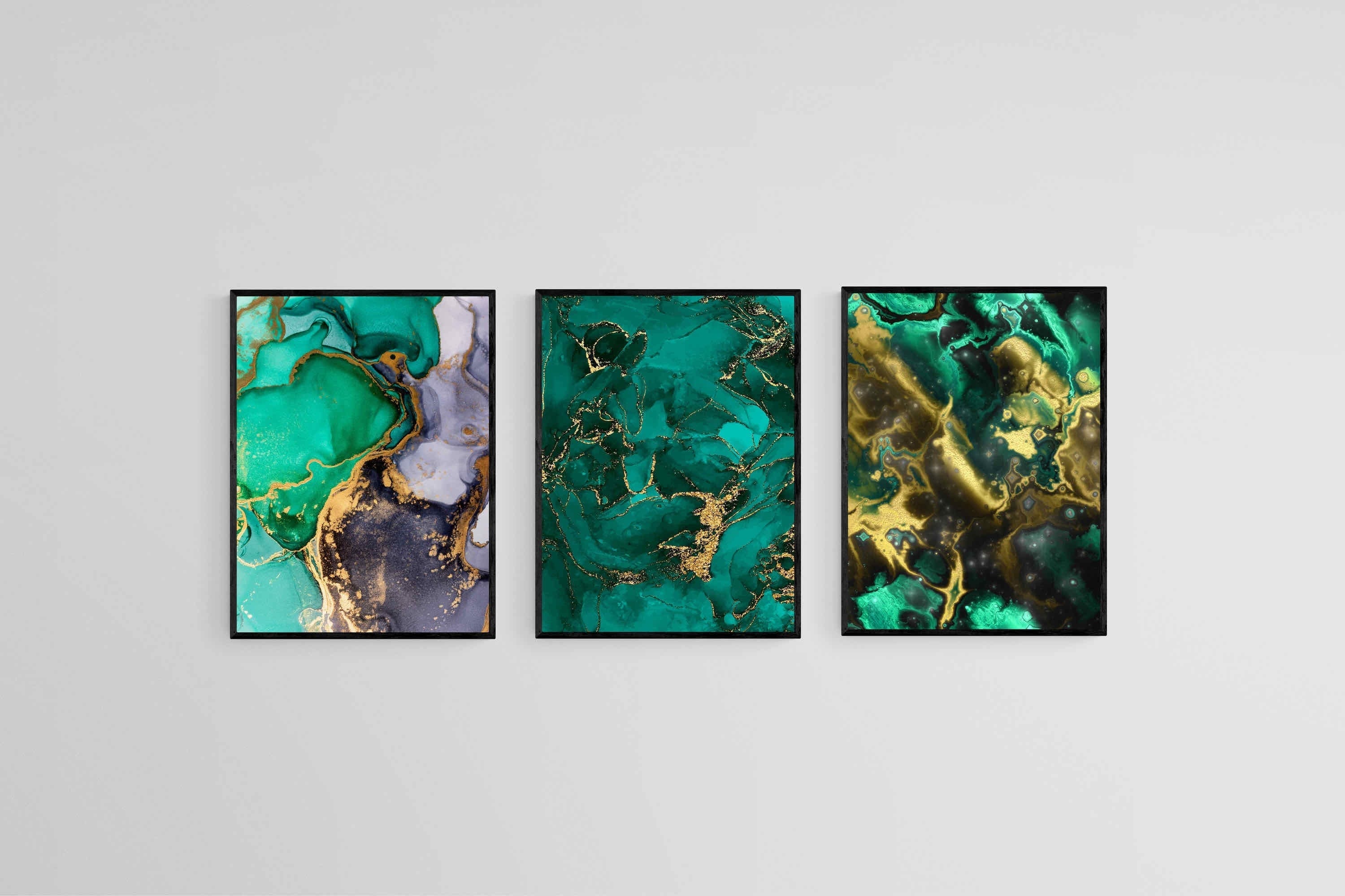 Emerald Gold Set-Wall_Art-45 x 60cm (x3)-Mounted Canvas-Black-Pixalot