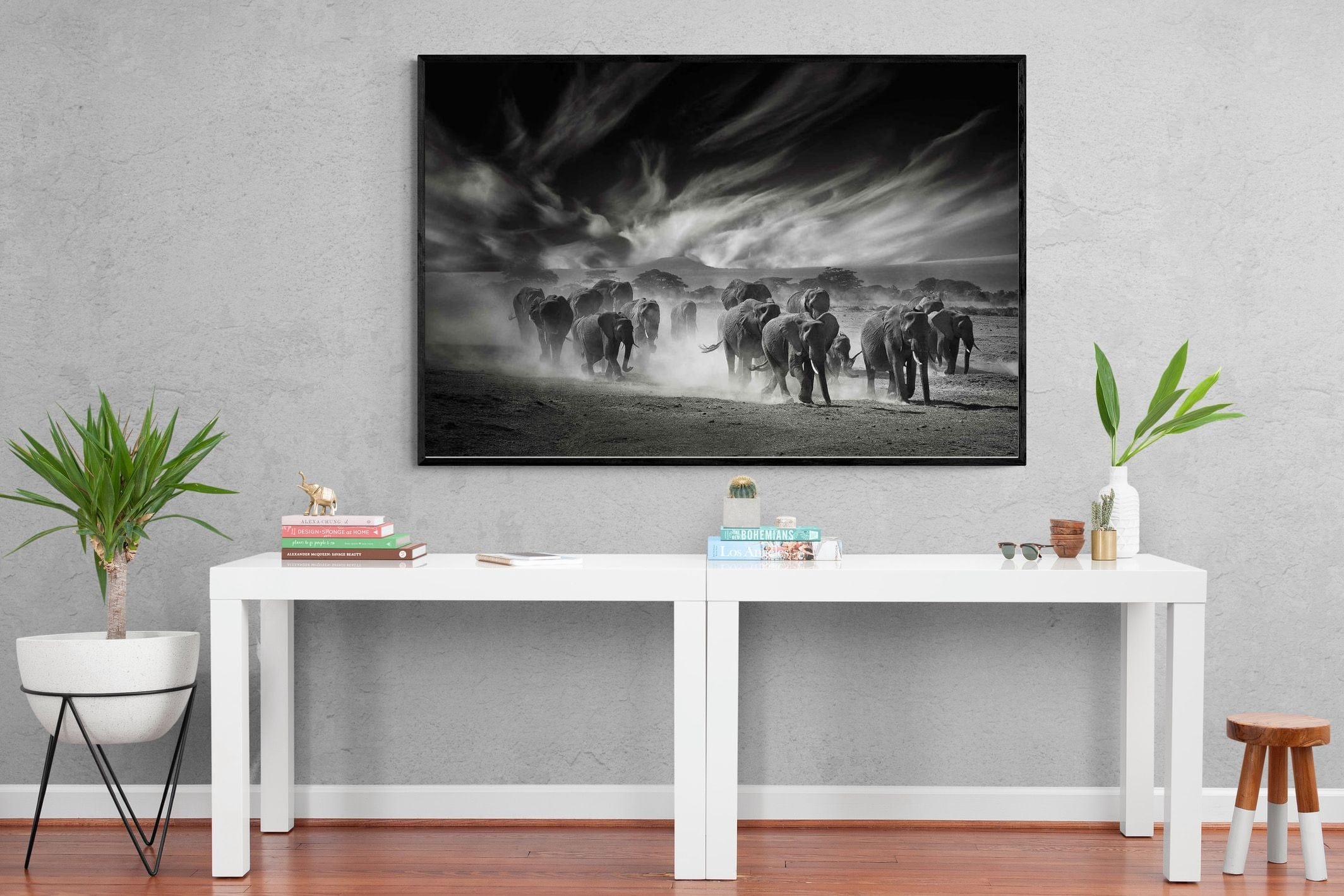 Etosha Elephants-Wall_Art-150 x 100cm-Mounted Canvas-Black-Pixalot