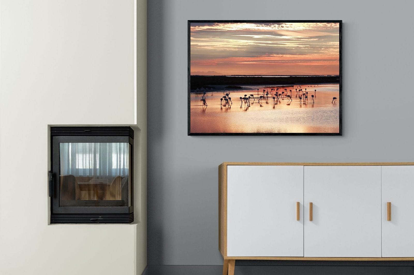 Flamingo Sunset-Wall_Art-100 x 75cm-Mounted Canvas-Black-Pixalot