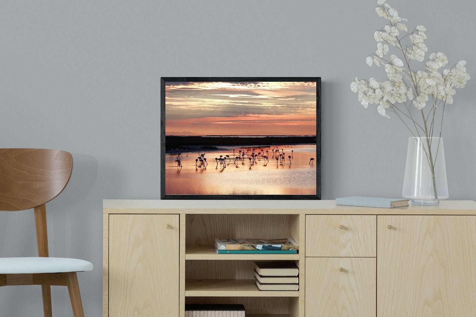 Flamingo Sunset-Wall_Art-60 x 45cm-Mounted Canvas-Black-Pixalot