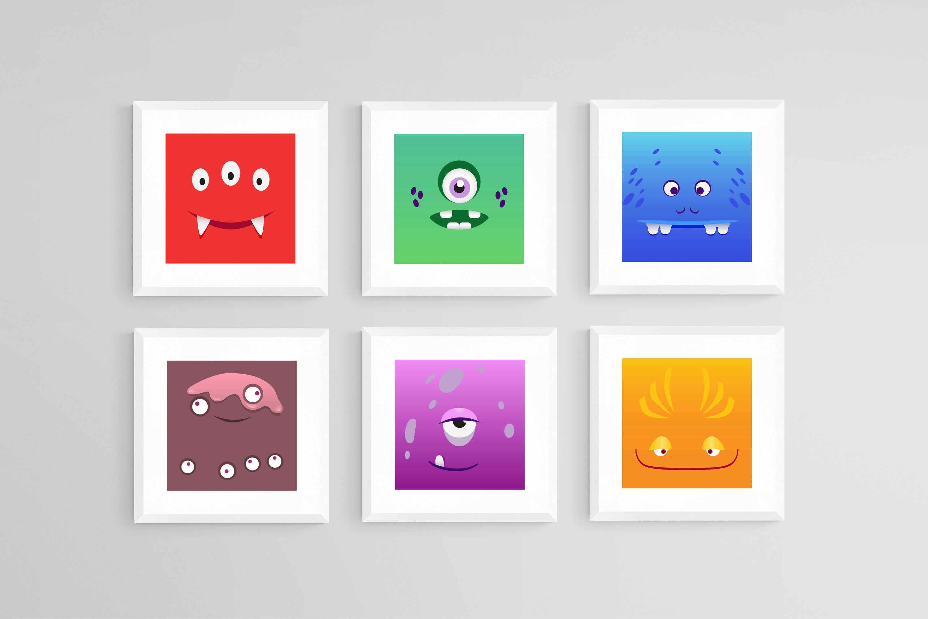 Friendly Monsters Set-Wall_Art-30 x 30cm (x6)-Framed Print-White-Pixalot