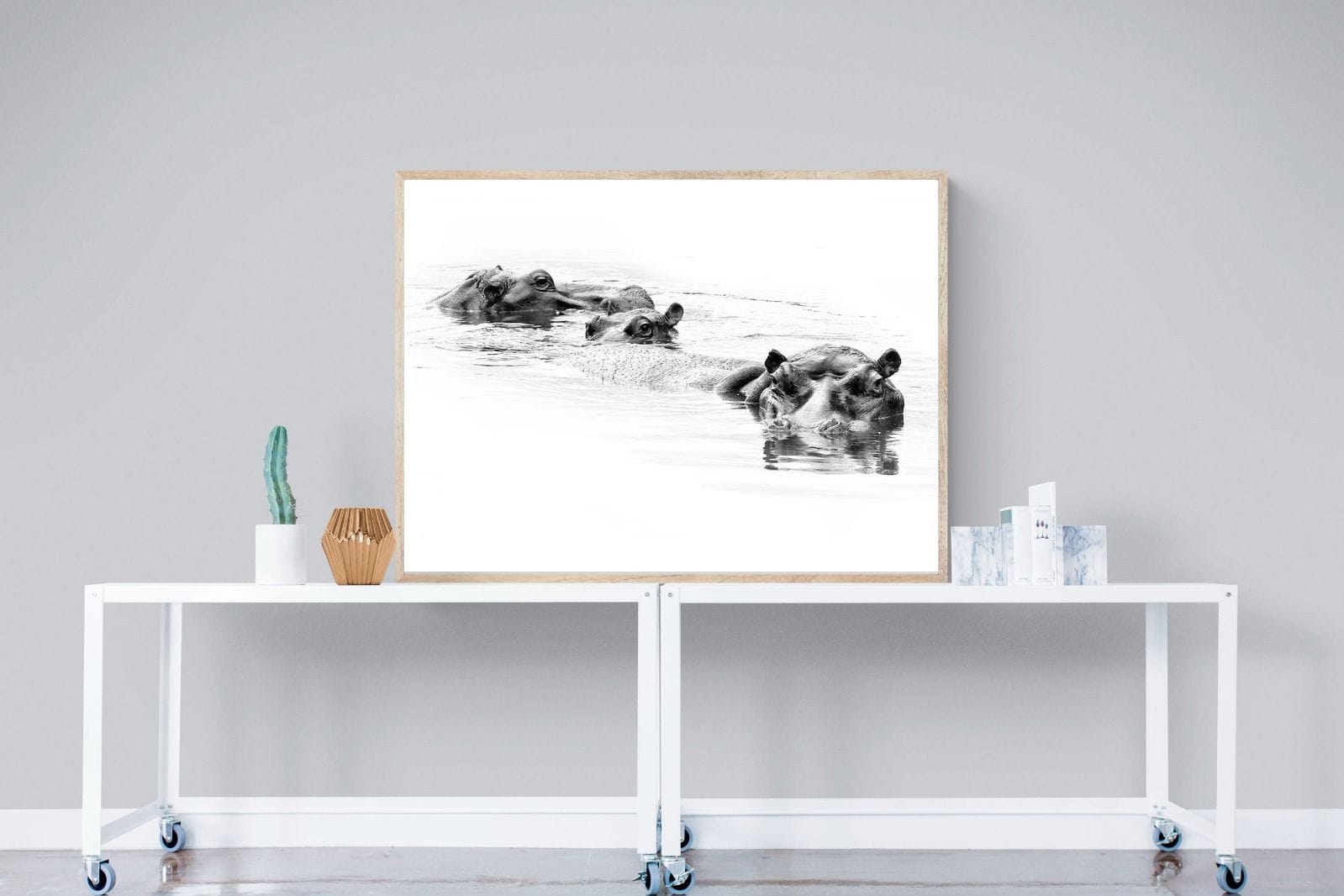 Hippo Trio-Wall_Art-120 x 90cm-Mounted Canvas-Wood-Pixalot