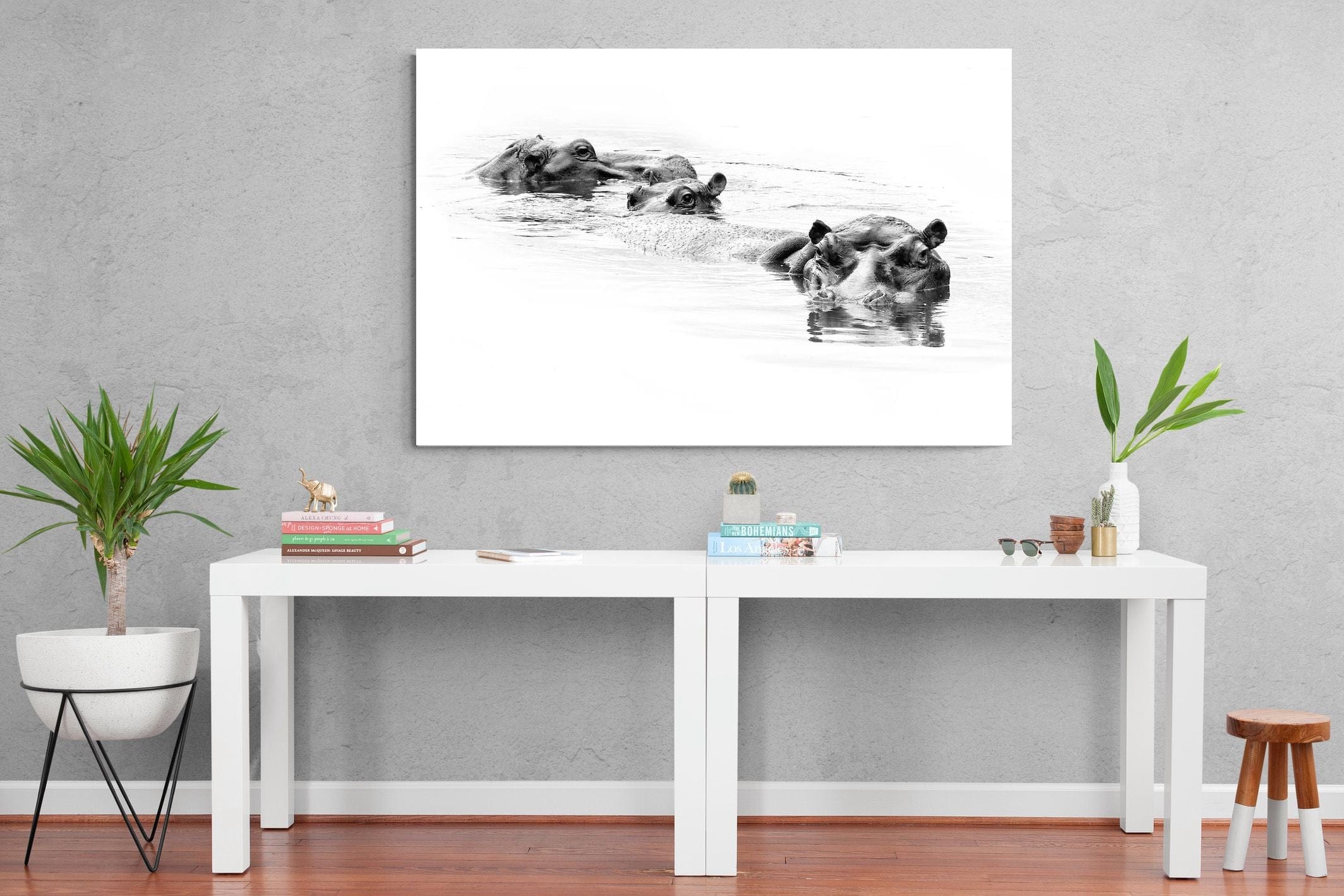 Hippo Trio-Wall_Art-150 x 100cm-Mounted Canvas-No Frame-Pixalot