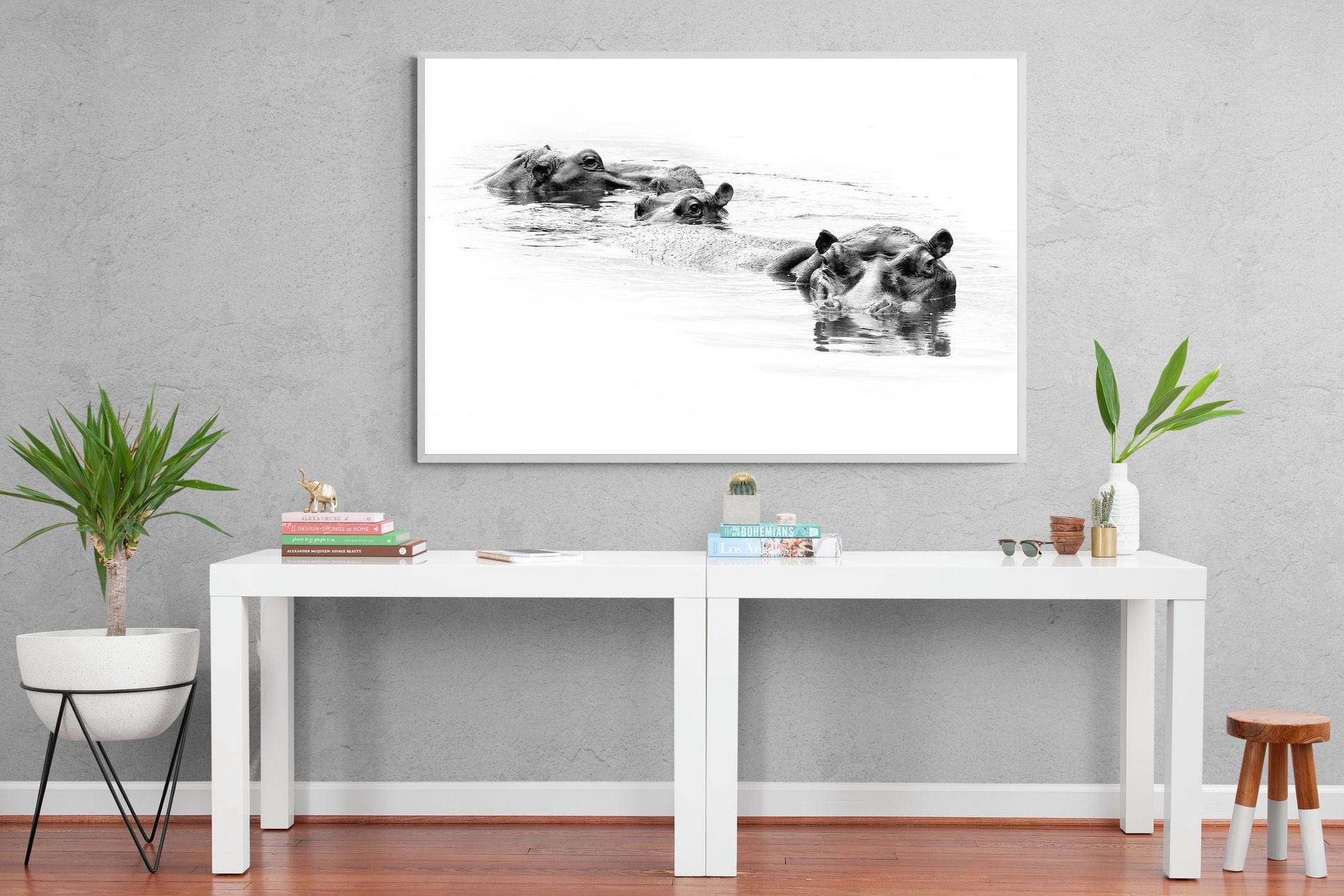 Hippo Trio-Wall_Art-150 x 100cm-Mounted Canvas-White-Pixalot