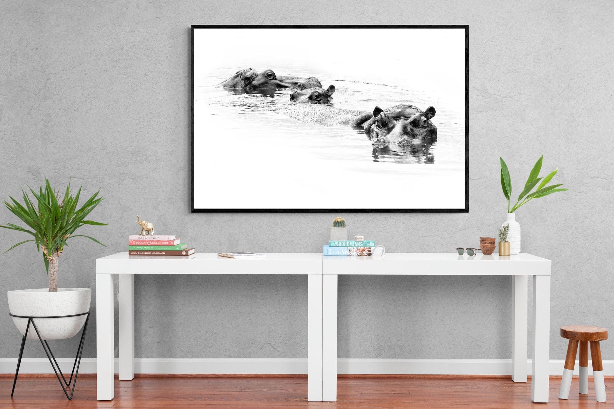 Hippo Trio-Wall_Art-150 x 100cm-Mounted Canvas-Black-Pixalot