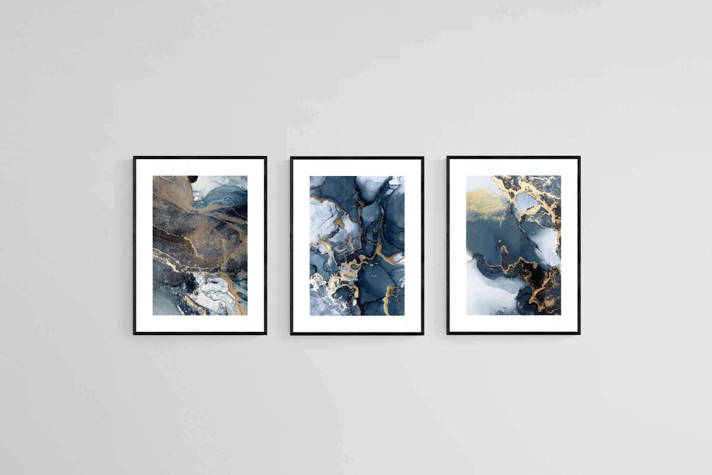 Indigo Gold Set-Wall_Art-45 x 60cm (x3)-Framed Print-Black-Pixalot