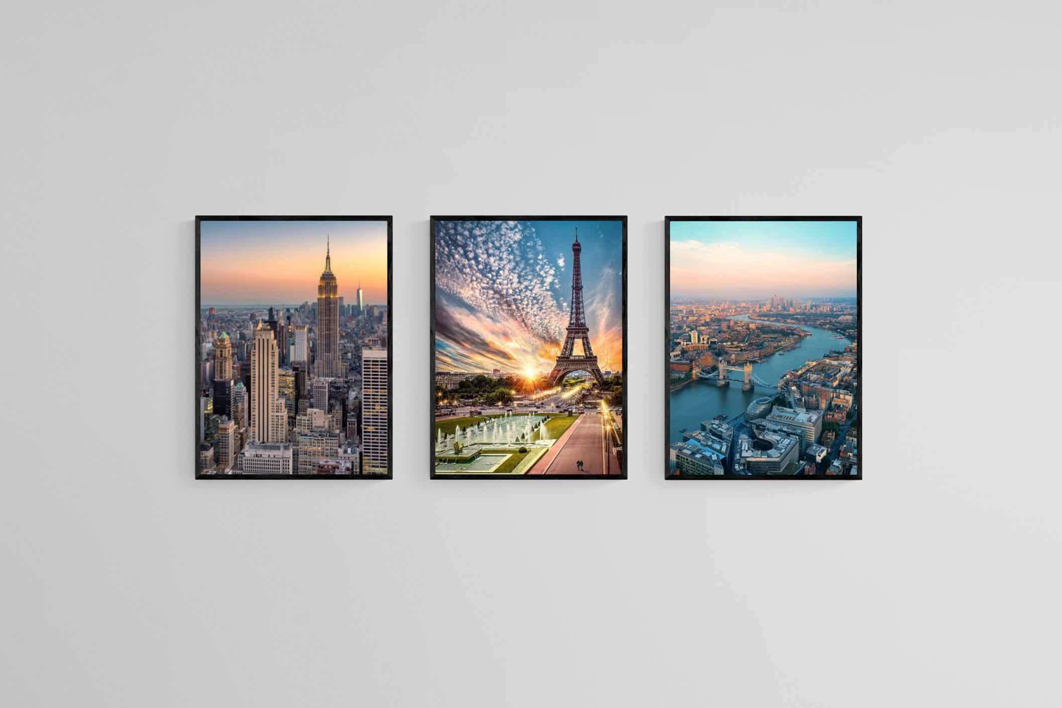 London, New York, Paris Set-Wall_Art-45 x 60cm (x3)-Mounted Canvas-Black-Pixalot