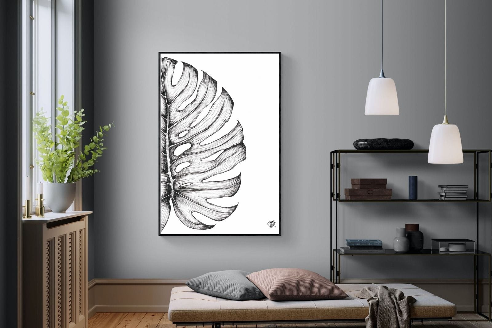 Monstera Illustration-Wall_Art-100 x 150cm-Framed Print-Black-Pixalot