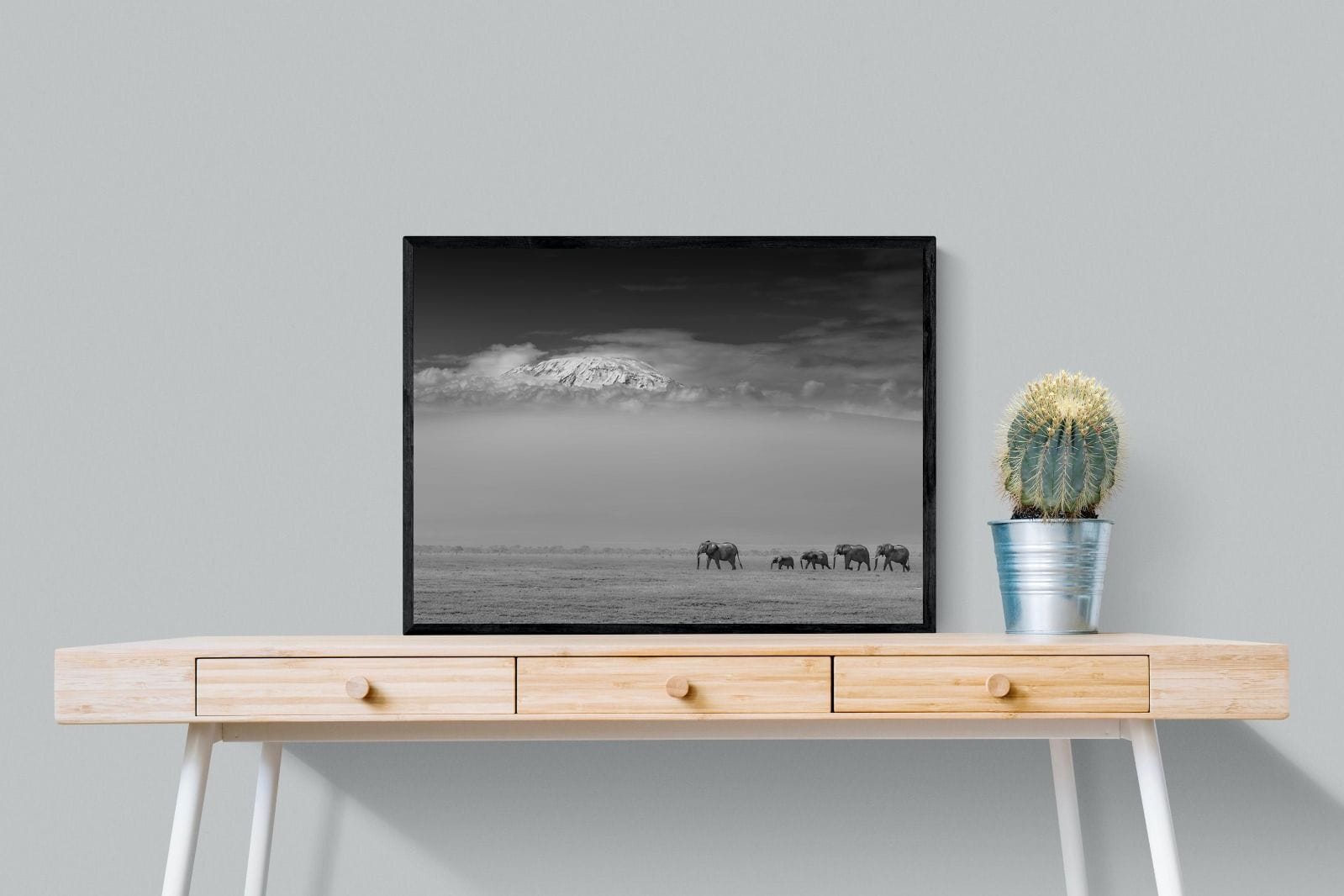 Mountain Elephants-Wall_Art-80 x 60cm-Mounted Canvas-Black-Pixalot