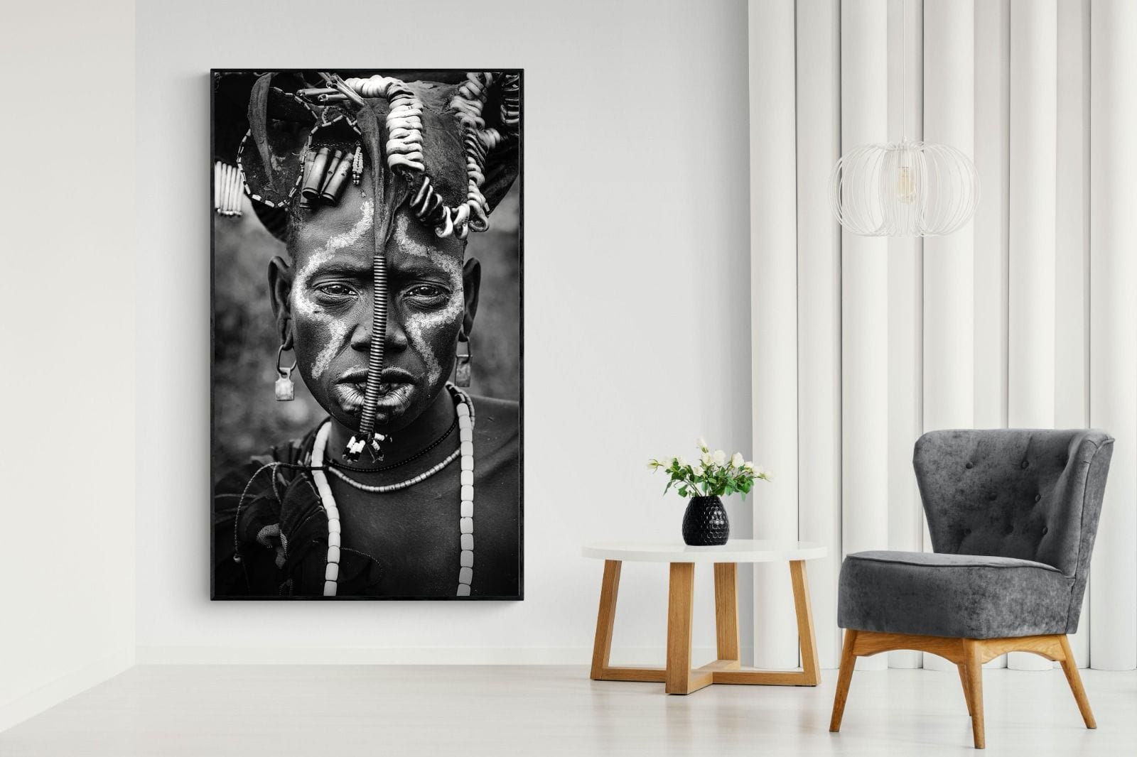 Mursi Tribesman-Wall_Art-130 x 220cm-Mounted Canvas-Black-Pixalot