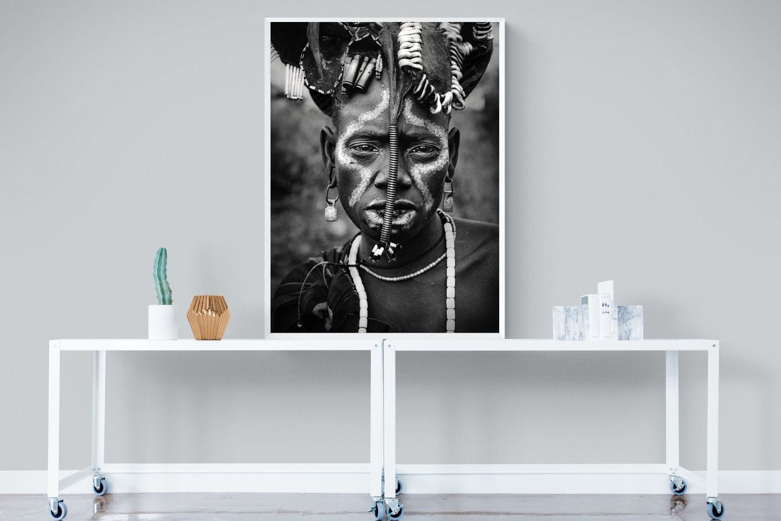 Mursi Tribesman-Wall_Art-90 x 120cm-Mounted Canvas-White-Pixalot