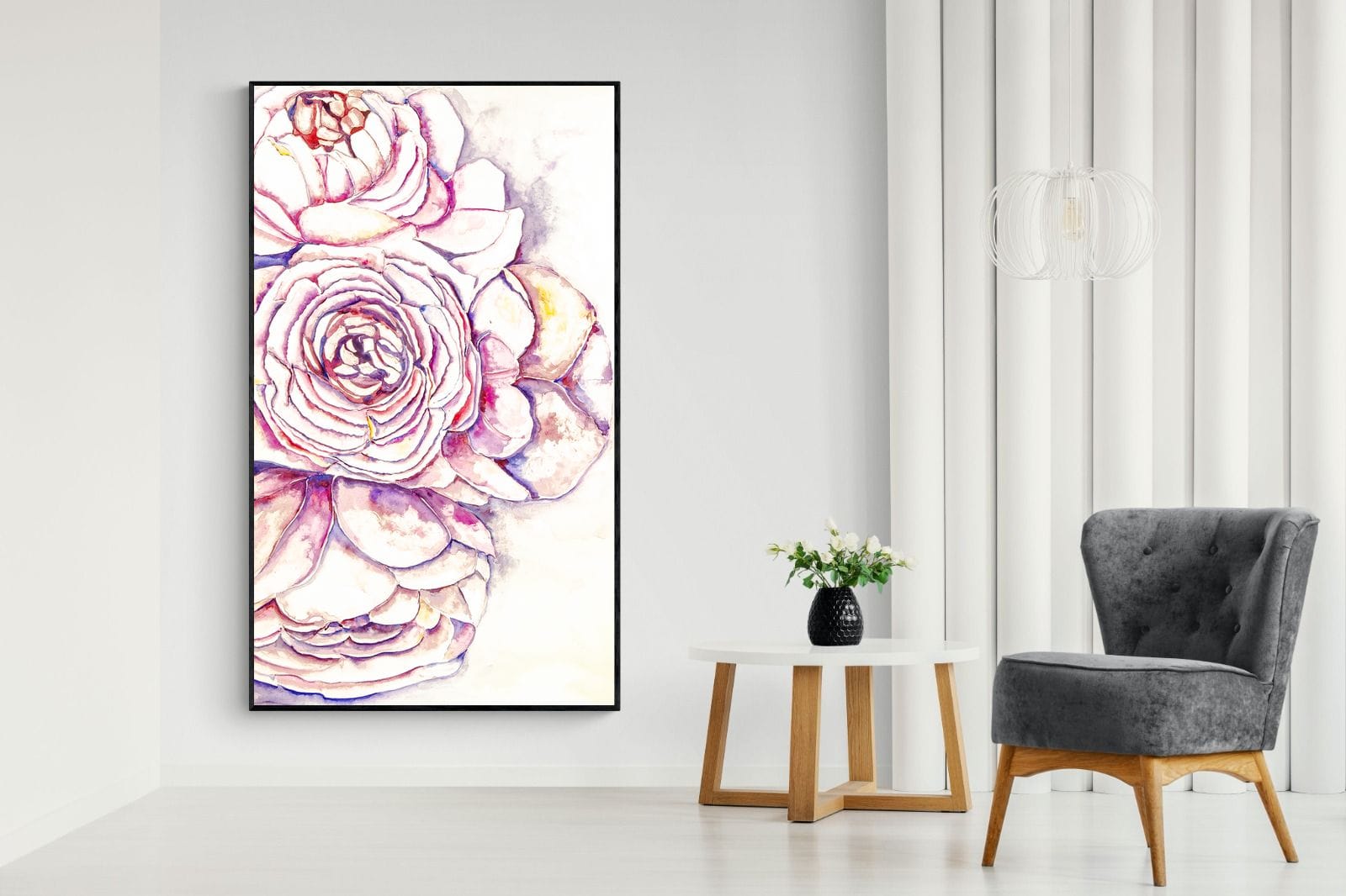 Painted Peonies-Wall_Art-130 x 220cm-Mounted Canvas-Black-Pixalot