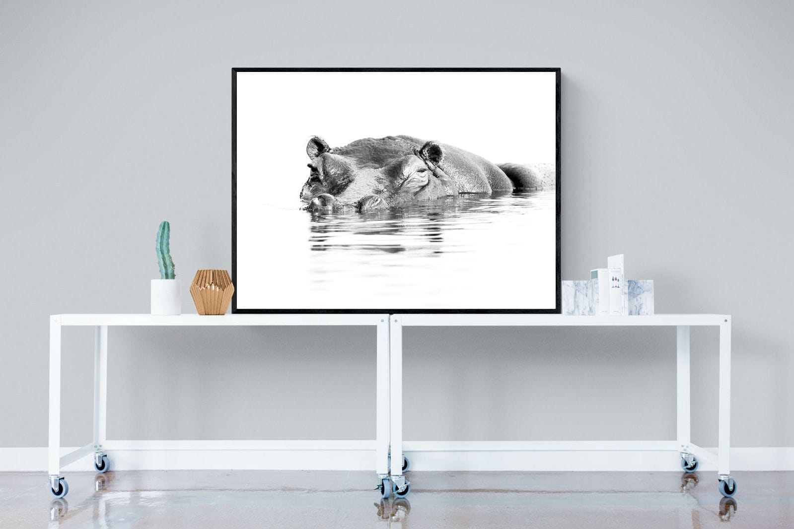 River Hippo-Wall_Art-120 x 90cm-Mounted Canvas-Black-Pixalot