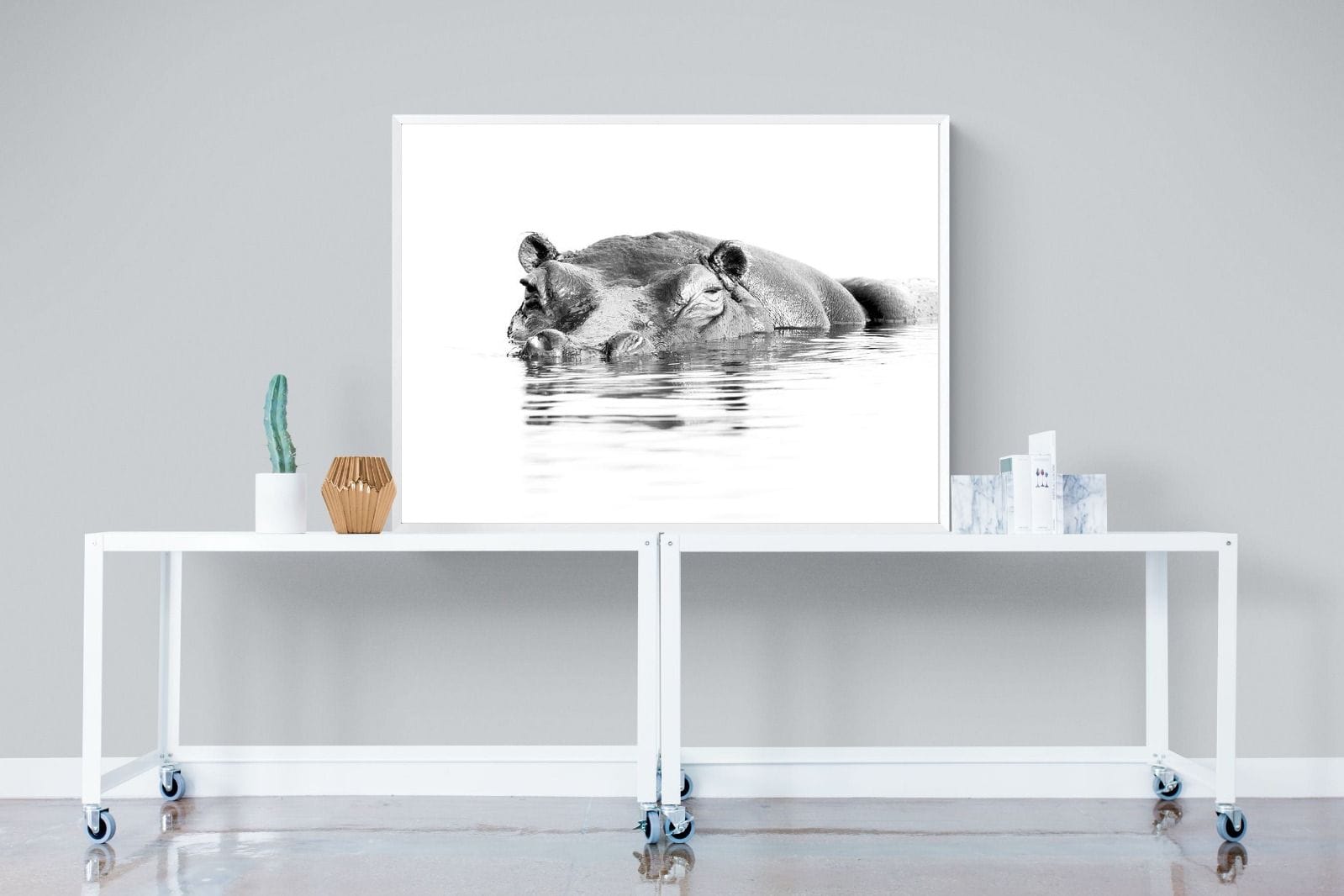 River Hippo-Wall_Art-120 x 90cm-Mounted Canvas-White-Pixalot