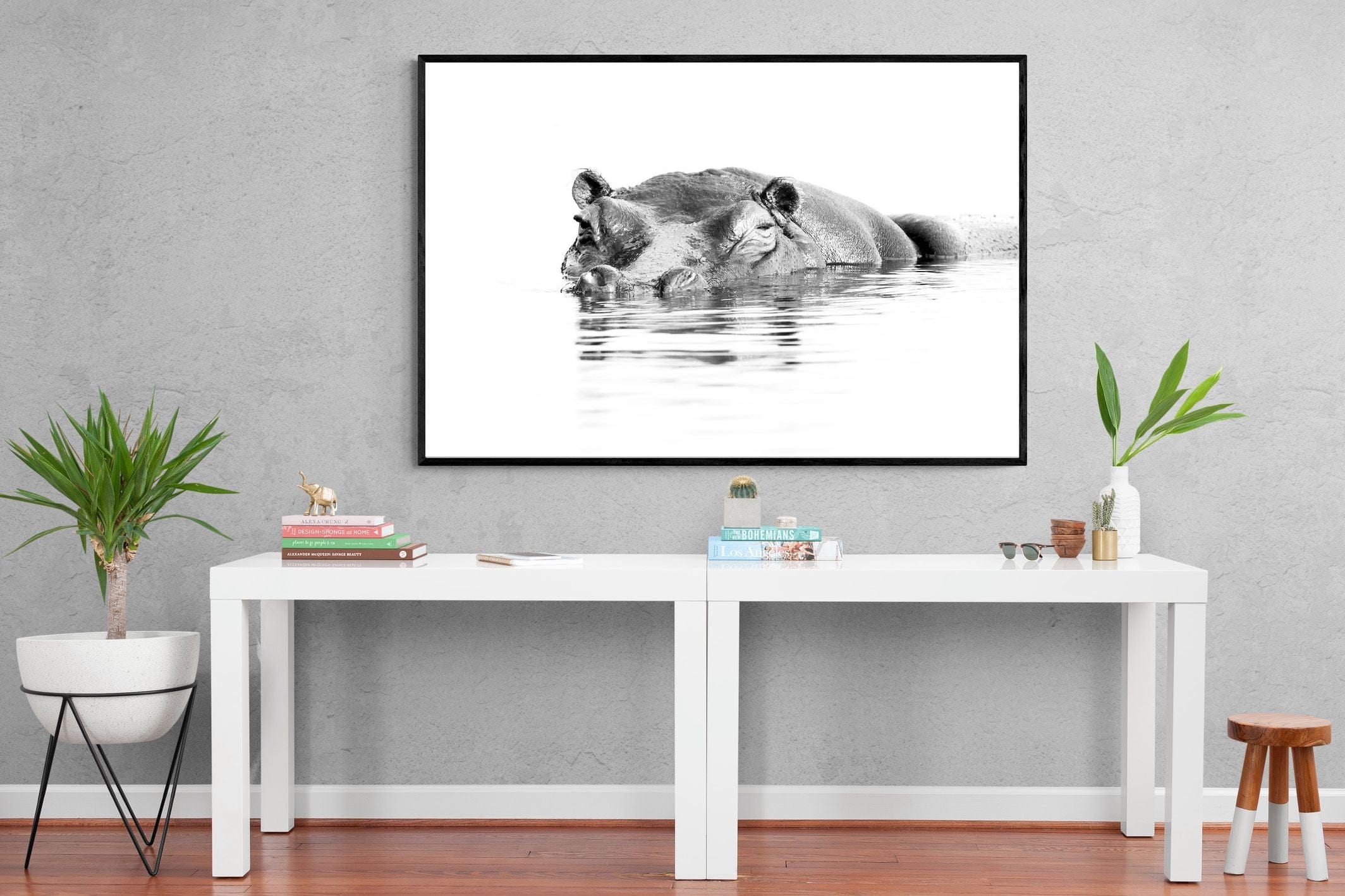 River Hippo-Wall_Art-150 x 100cm-Mounted Canvas-Black-Pixalot