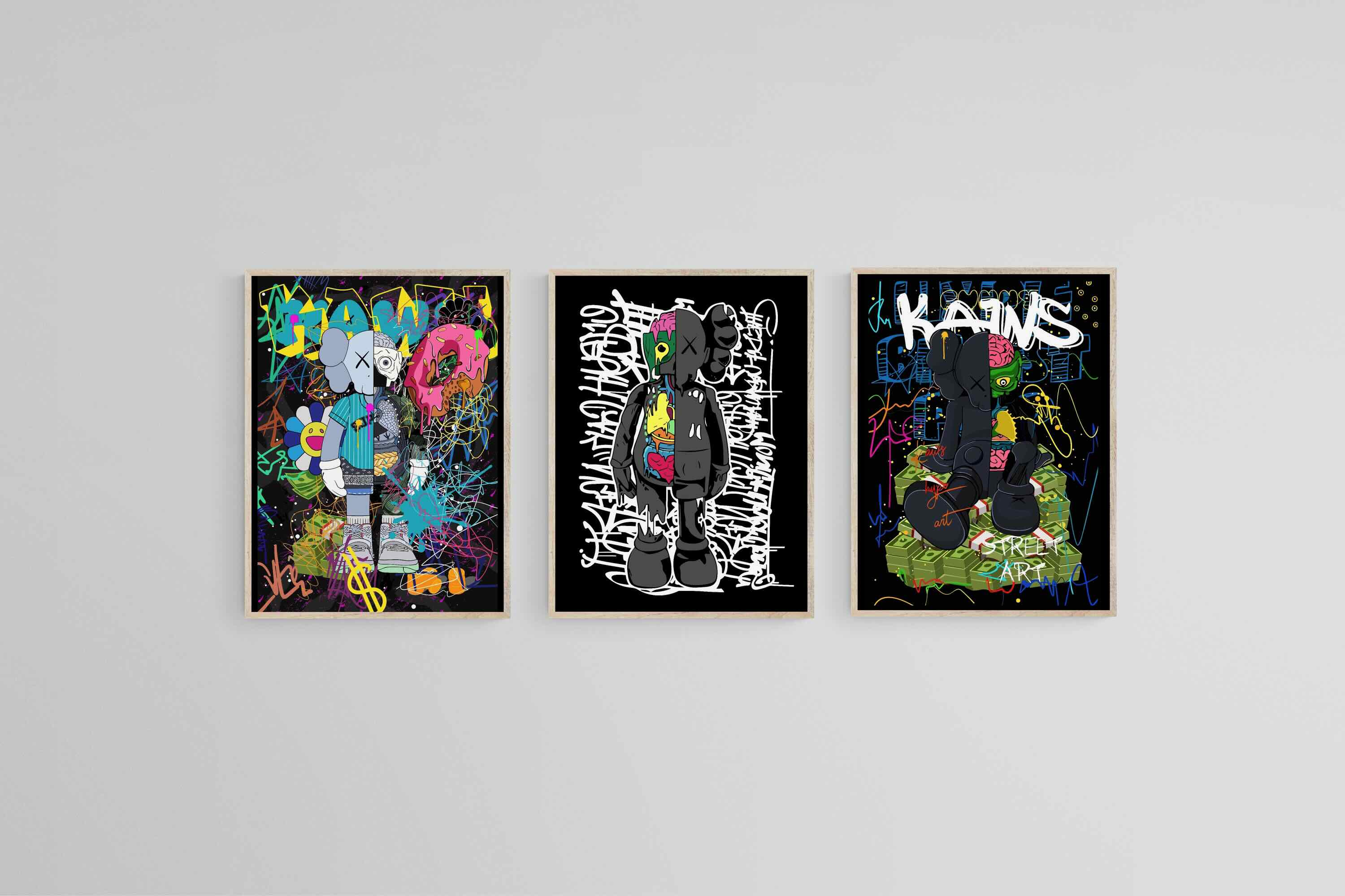 Street Art KAWS Set-Wall_Art-45 x 60cm (x3)-Mounted Canvas-Wood-Pixalot