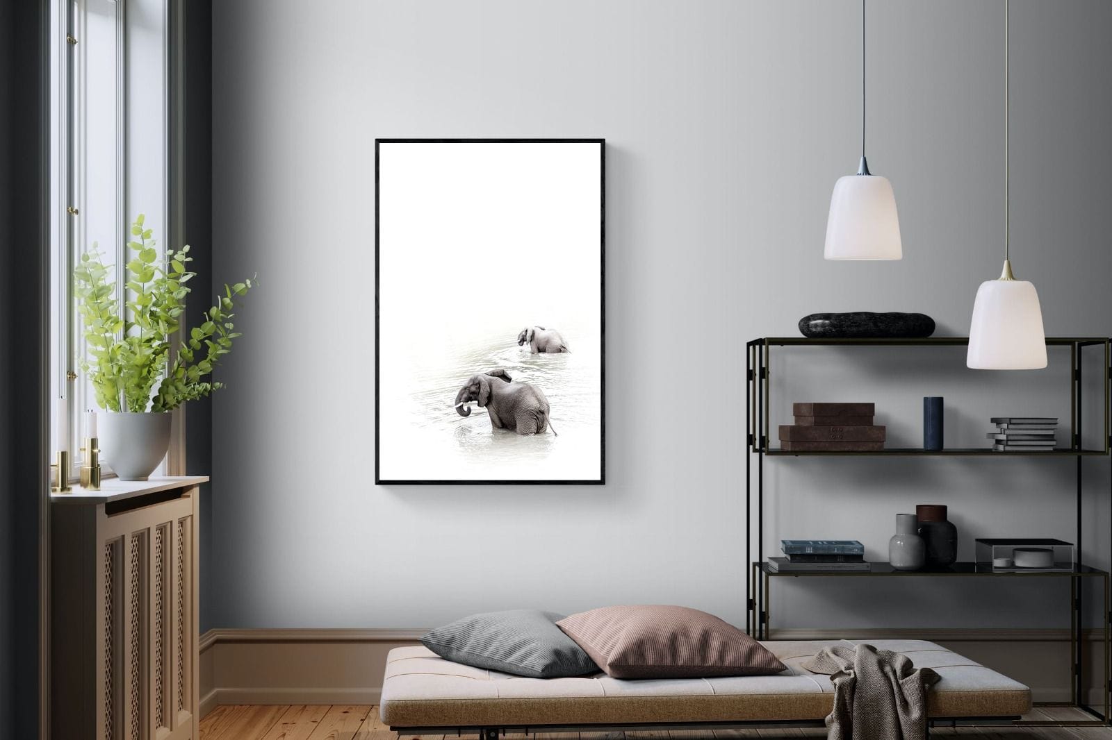 Swimming Elephants-Wall_Art-100 x 150cm-Mounted Canvas-Black-Pixalot