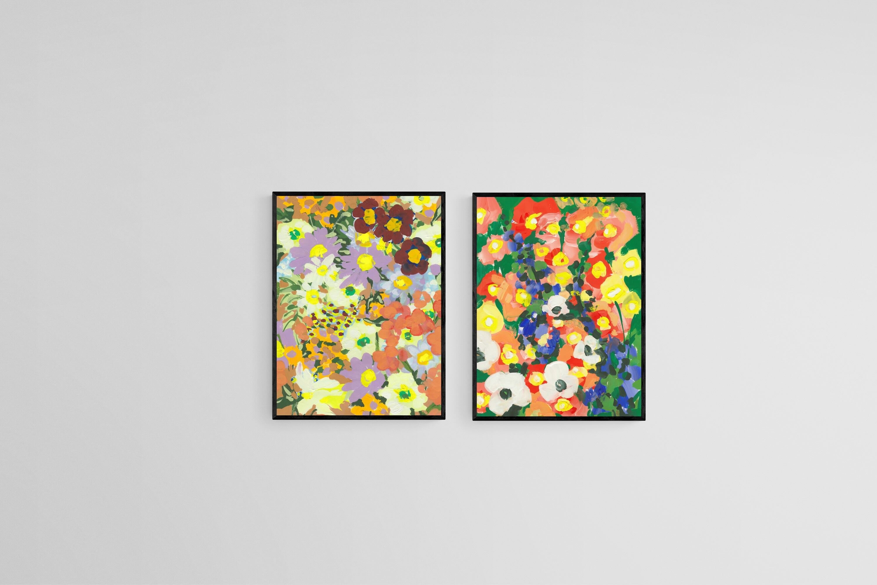 Floral Vibrance Set-Wall_Art-45 x 60cm (x2)-Mounted Canvas-Black-Pixalot