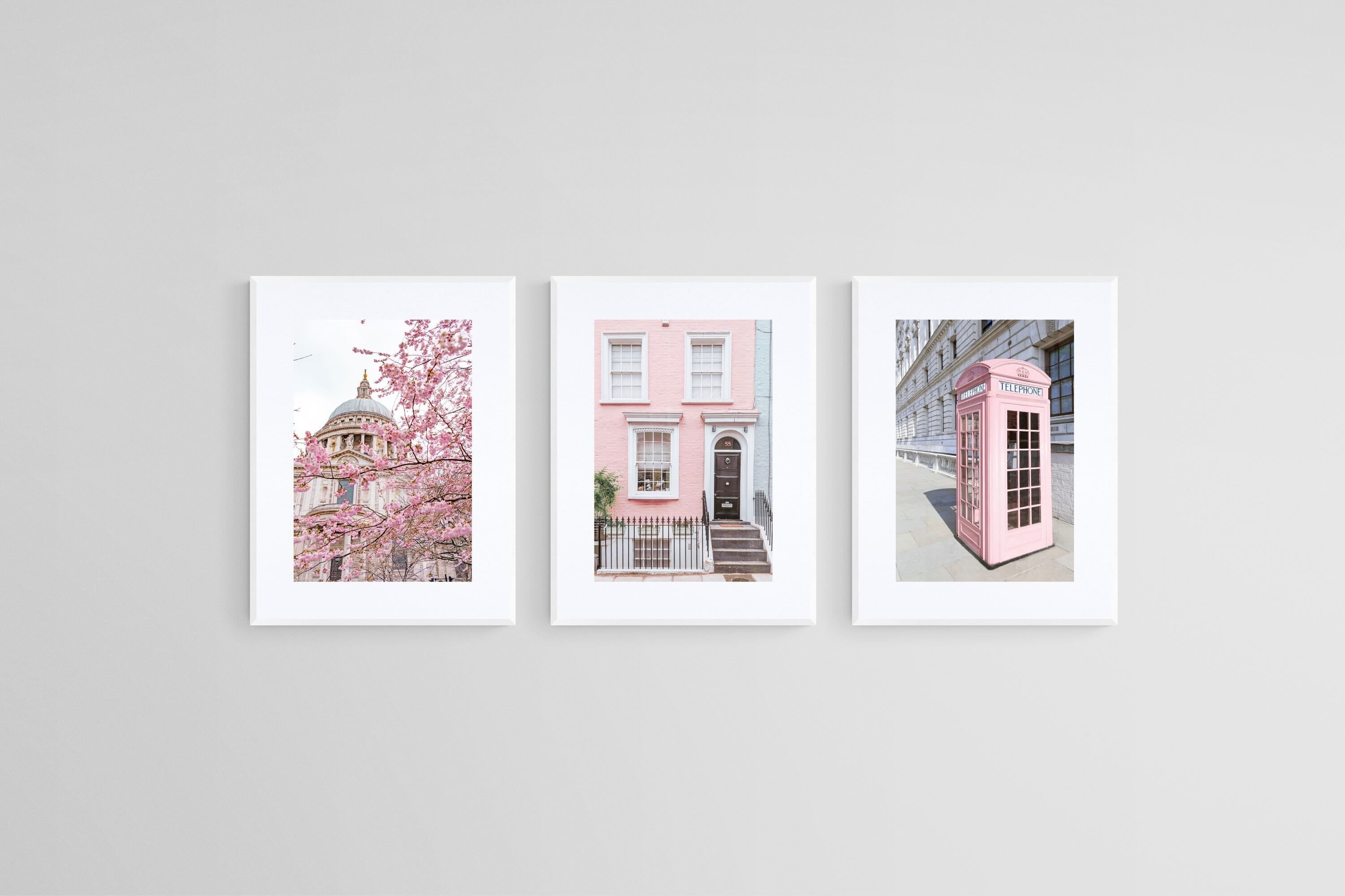 Pink London Set-Wall_Art-45 x 60cm (x3)-Framed Print-White-Pixalot