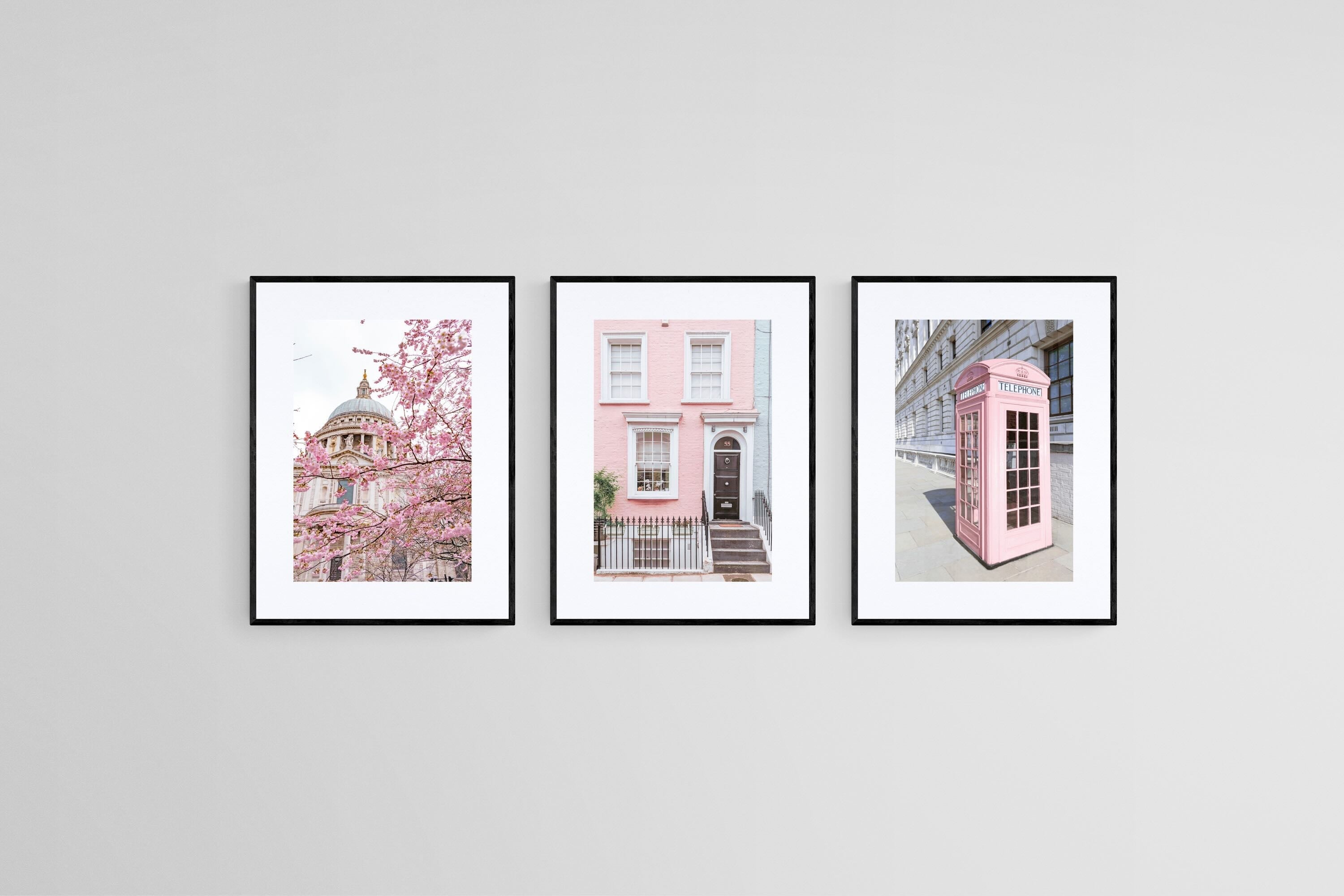 Pink London Set-Wall_Art-45 x 60cm (x3)-Framed Print-Black-Pixalot