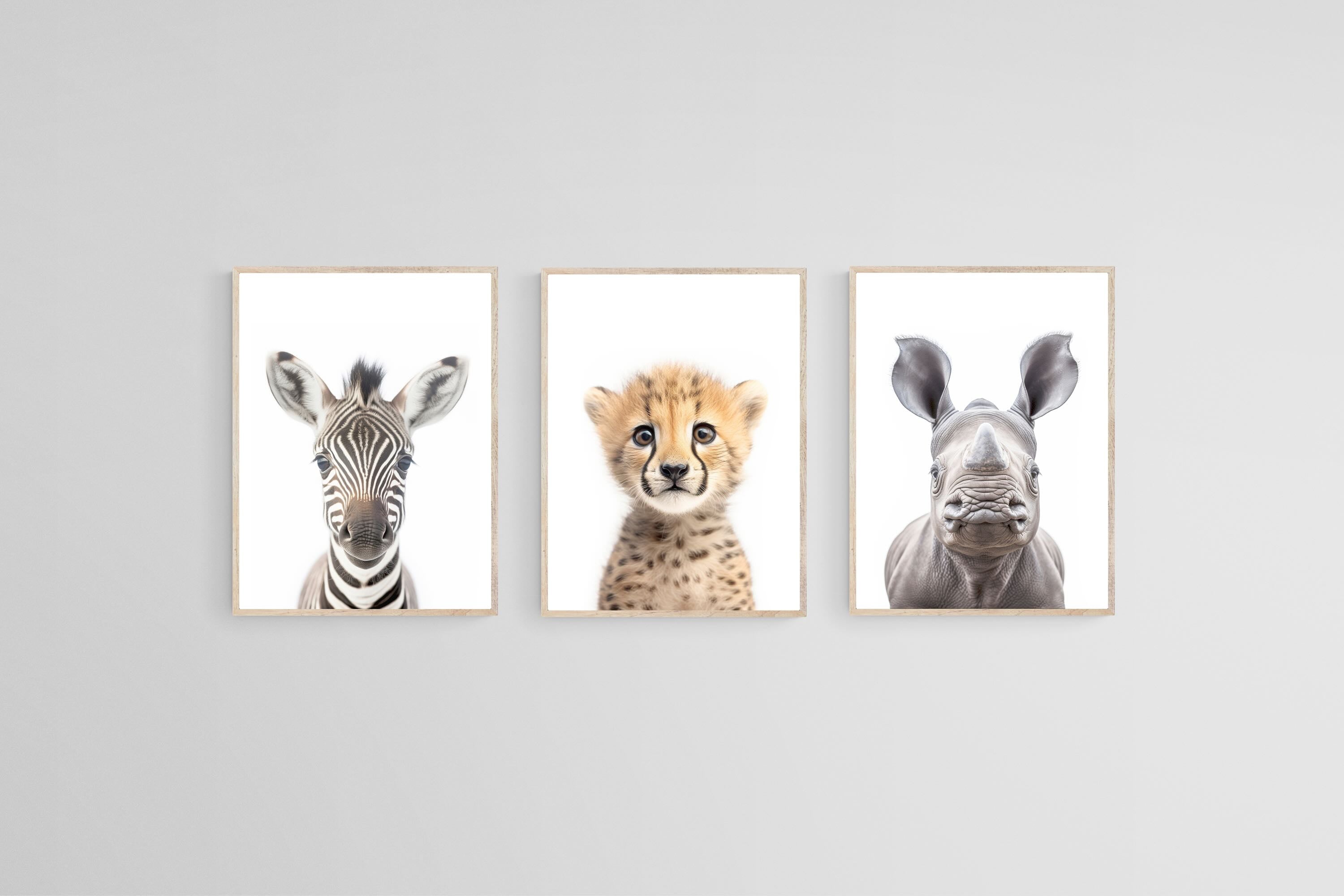 Zebra Cheetah Rhino Set-Wall_Art-45 x 60cm (x3)-Mounted Canvas-Wood-Pixalot