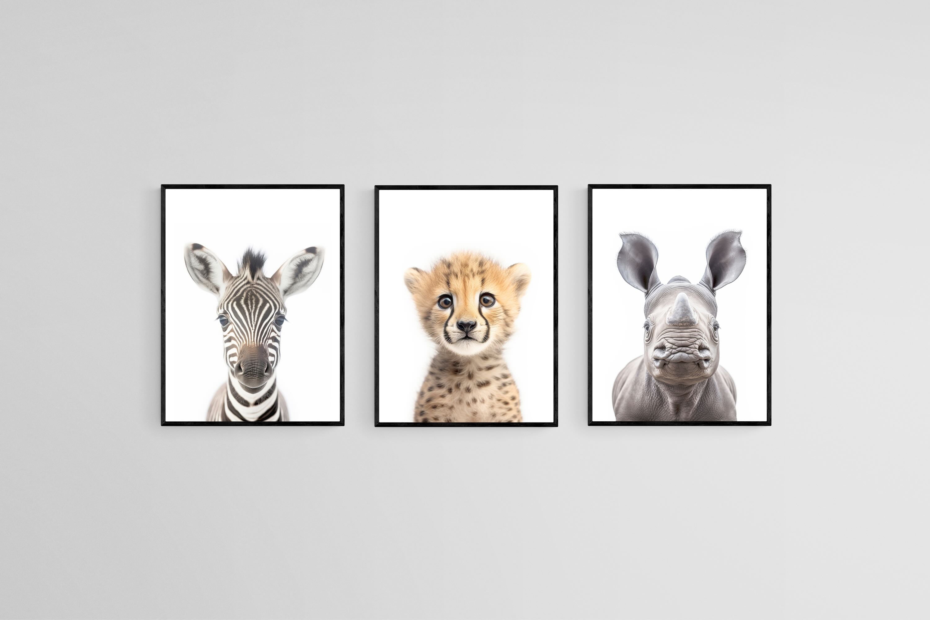 Zebra Cheetah Rhino Set-Wall_Art-45 x 60cm (x3)-Mounted Canvas-Black-Pixalot