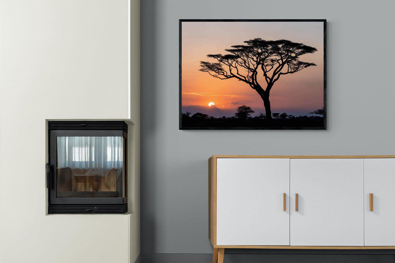 Acacia Sunset-Wall_Art-100 x 75cm-Mounted Canvas-Black-Pixalot