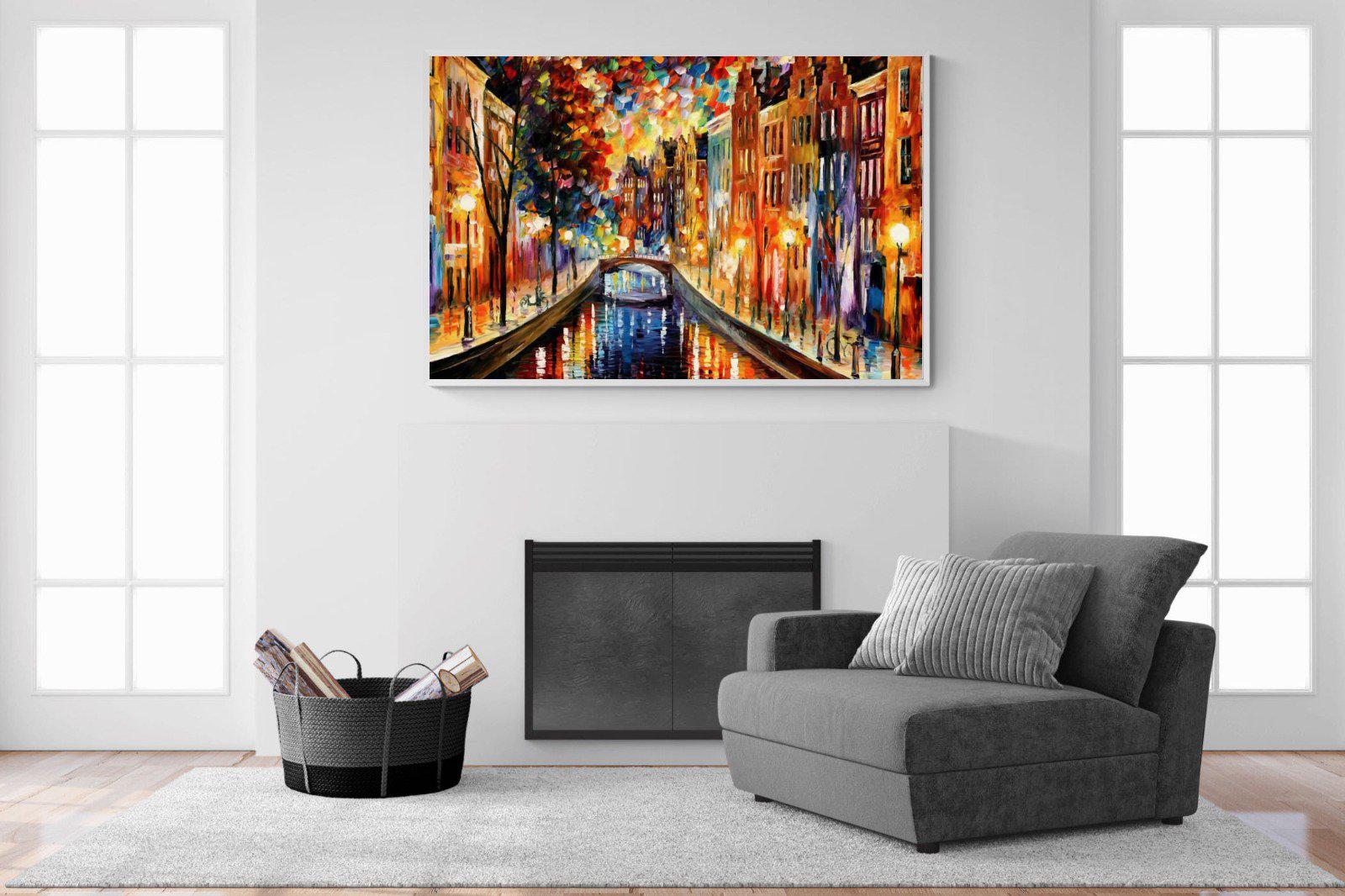 Amsterdam Night Canal-Wall_Art-150 x 100cm-Mounted Canvas-White-Pixalot
