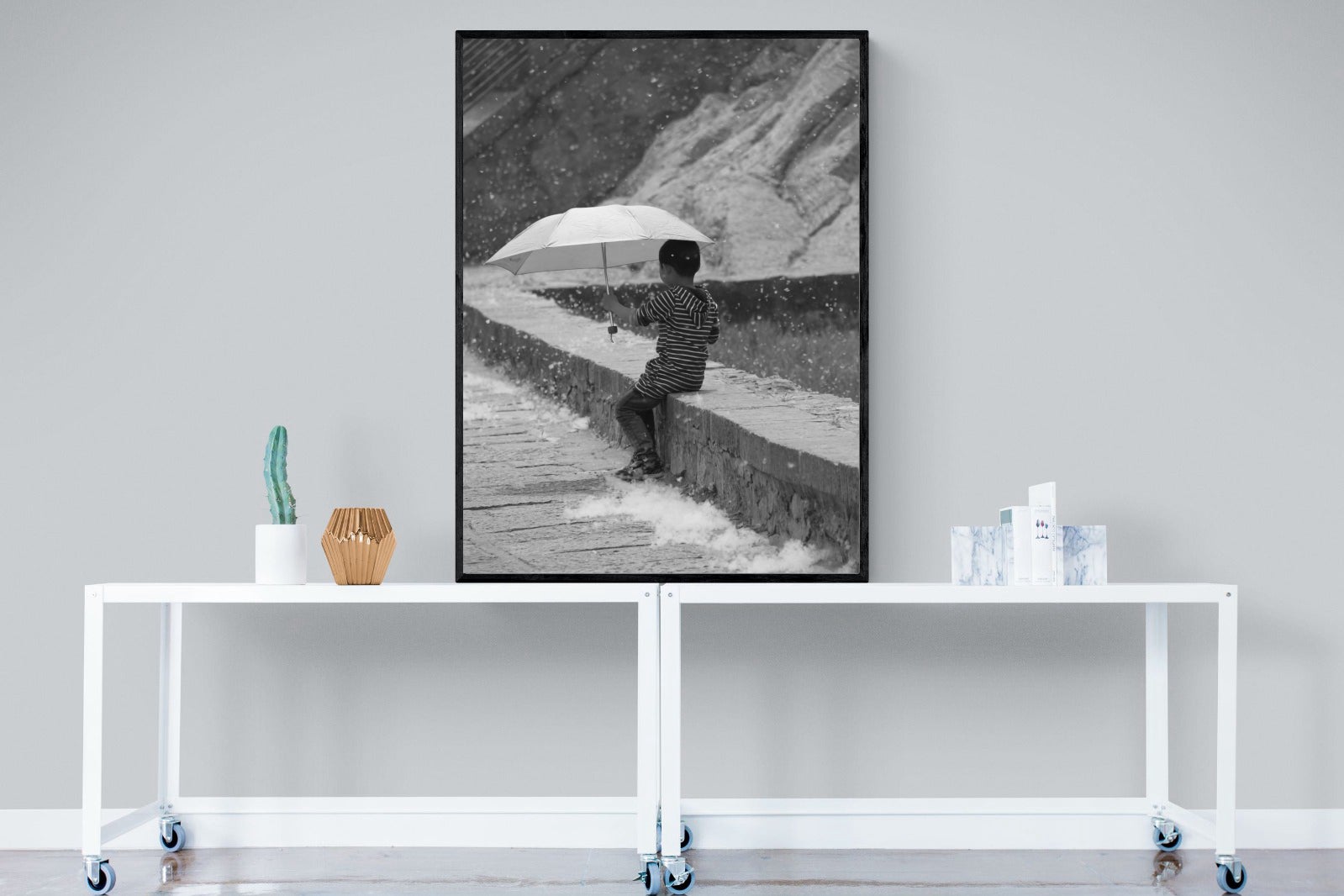 Boy & Brolly-Wall_Art-90 x 120cm-Mounted Canvas-Black-Pixalot