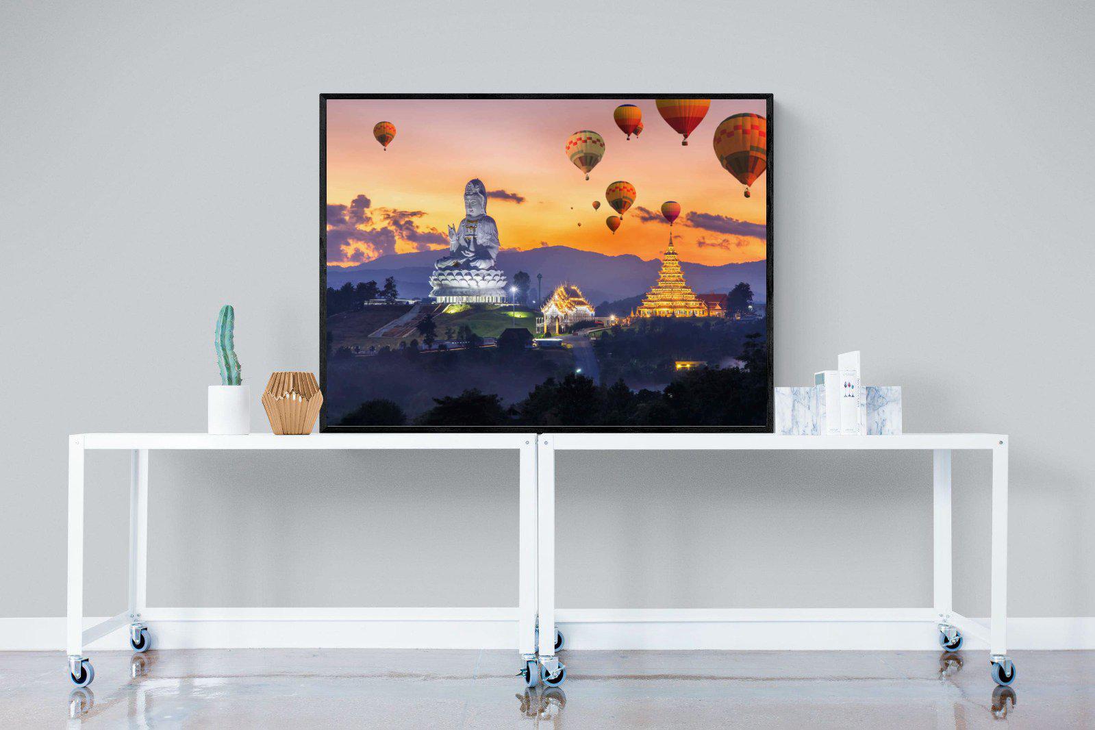 Buddha & Balloons-Wall_Art-120 x 90cm-Mounted Canvas-Black-Pixalot