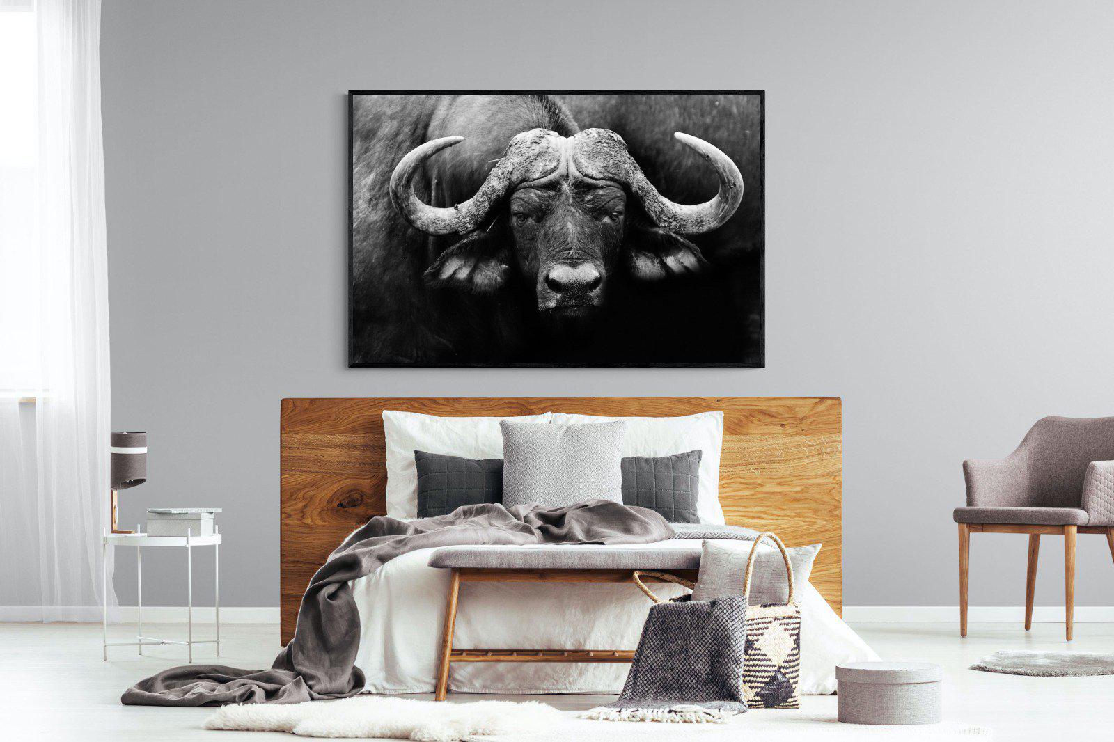Cape Buffalo-Wall_Art-150 x 100cm-Mounted Canvas-Black-Pixalot
